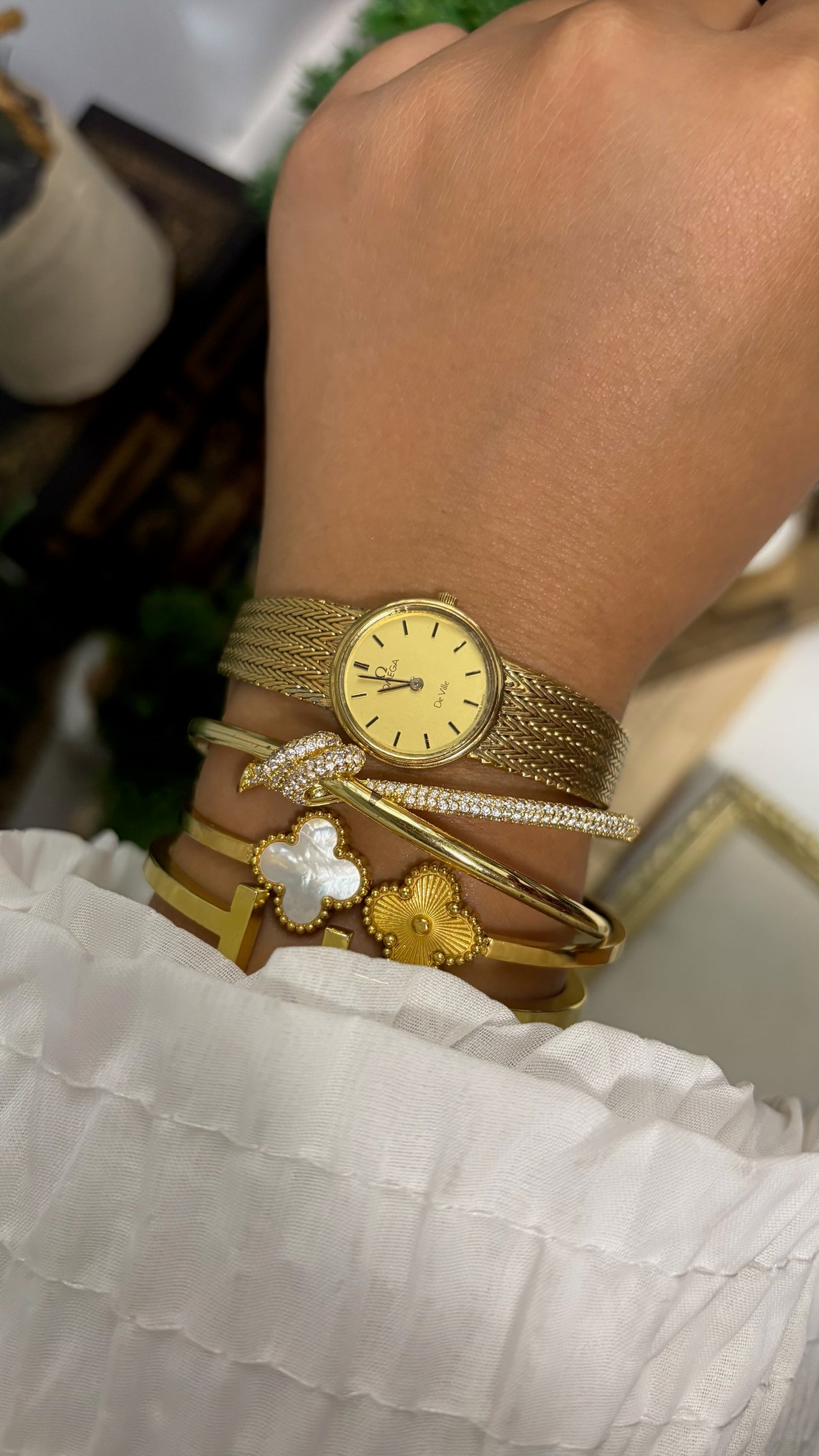 Vintage Omega De Ville Round Watch with Gold Tone Chevron Mesh Bracelet Quartz