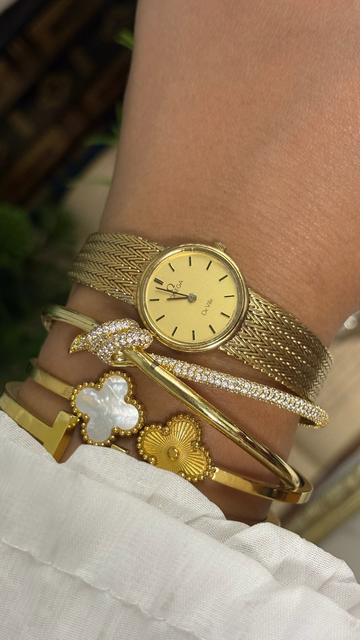 Vintage Omega De Ville Round Watch with Gold Tone Chevron Mesh Bracelet Quartz