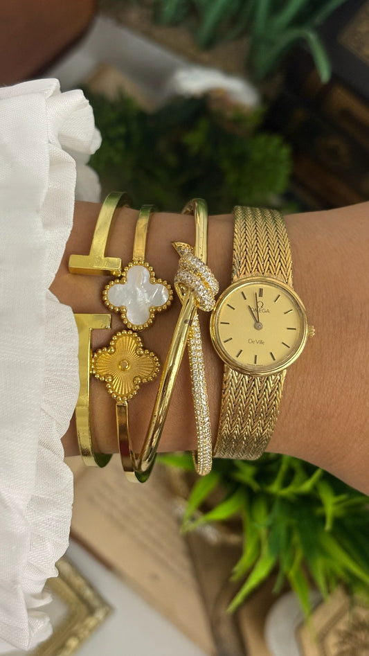 Vintage Omega De Ville Round Watch with Gold Tone Chevron Mesh Bracelet Quartz