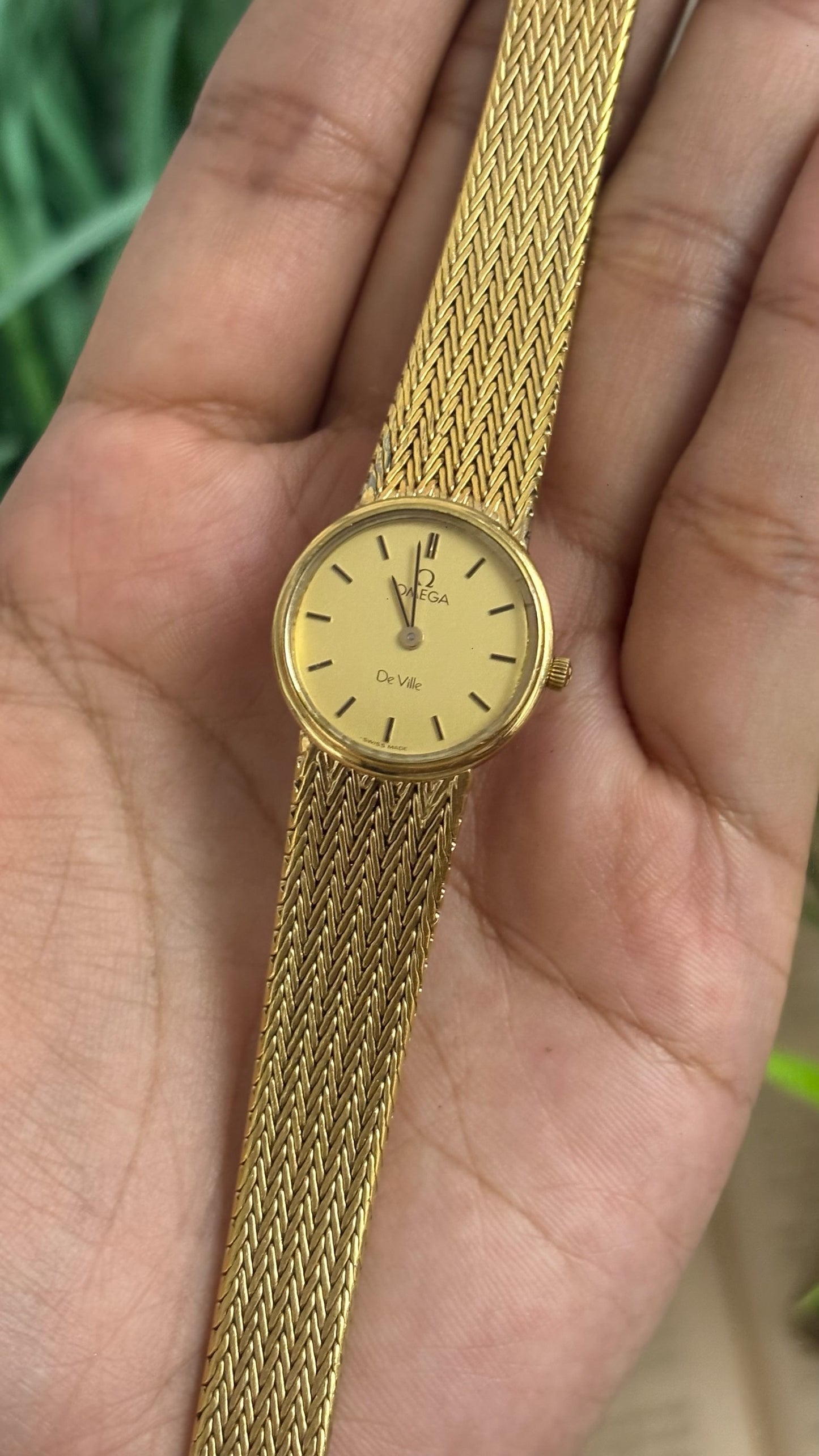 Vintage Omega De Ville Round Watch with Gold Tone Chevron Mesh Bracelet Quartz