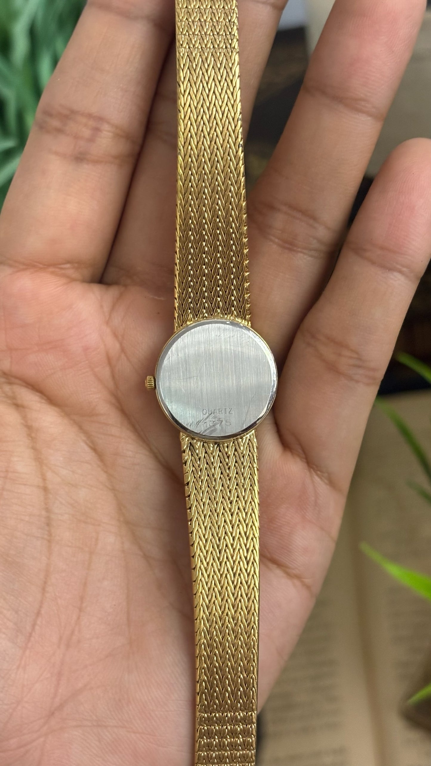 Vintage Omega De Ville Round Watch with Gold Tone Chevron Mesh Bracelet Quartz