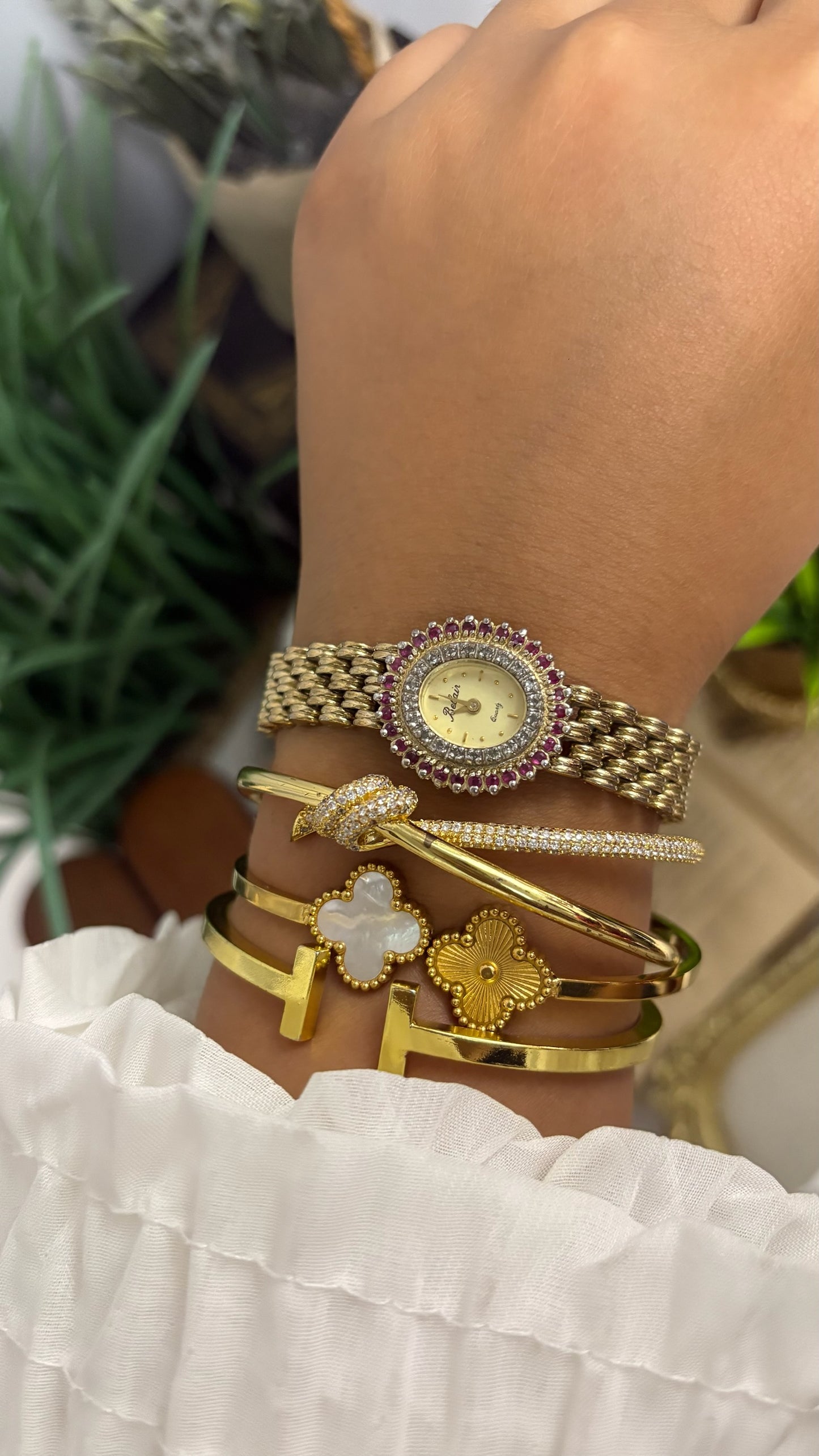 Vintage Belair Round Watch with Ruby and Crystal Halo Bezel and Gold Tone Linked Bracelet Quartz