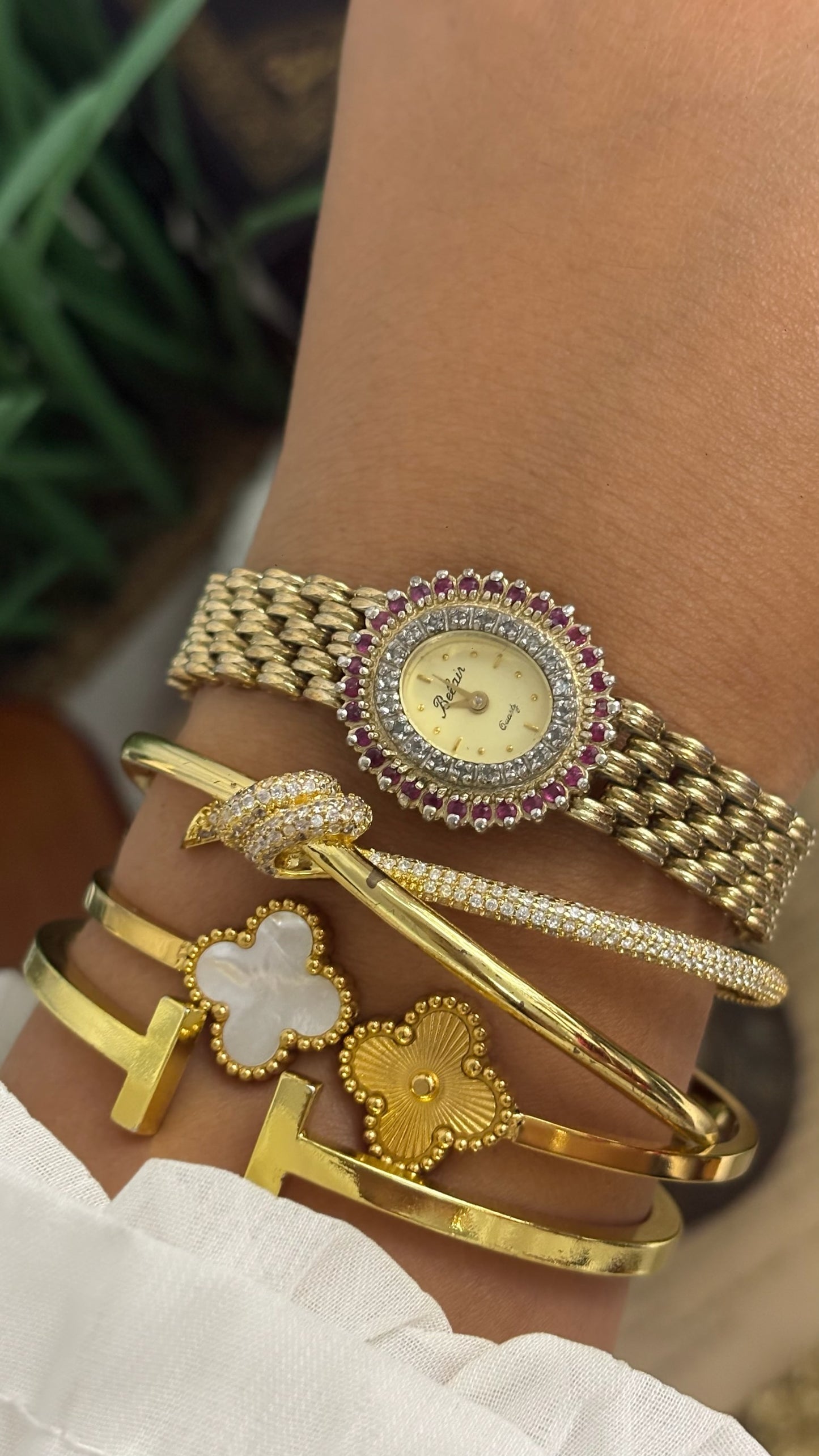 Vintage Belair Round Watch with Ruby and Crystal Halo Bezel and Gold Tone Linked Bracelet Quartz