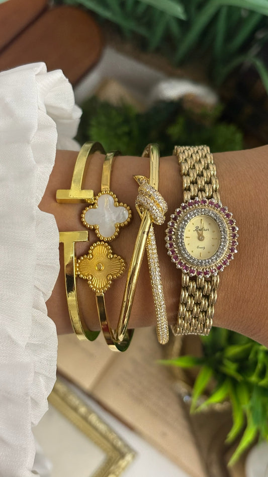 Vintage Belair Round Watch with Ruby and Crystal Halo Bezel and Gold Tone Linked Bracelet Quartz