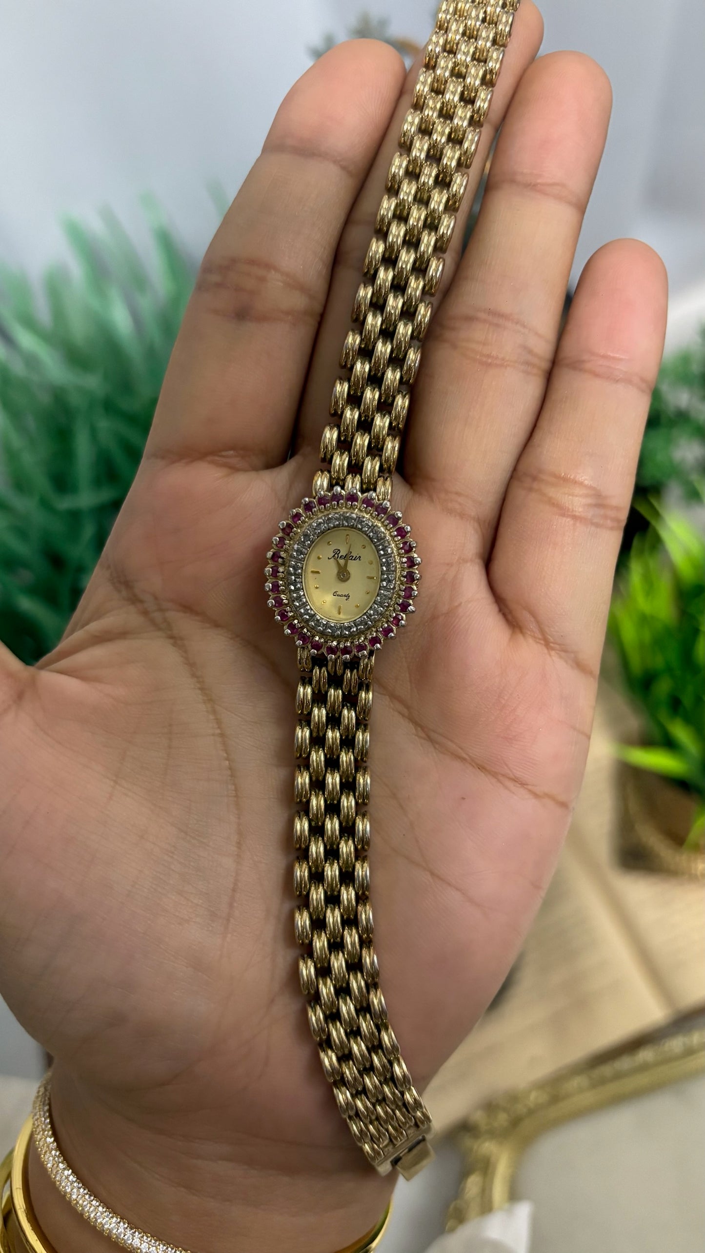 Vintage Belair Round Watch with Ruby and Crystal Halo Bezel and Gold Tone Linked Bracelet Quartz