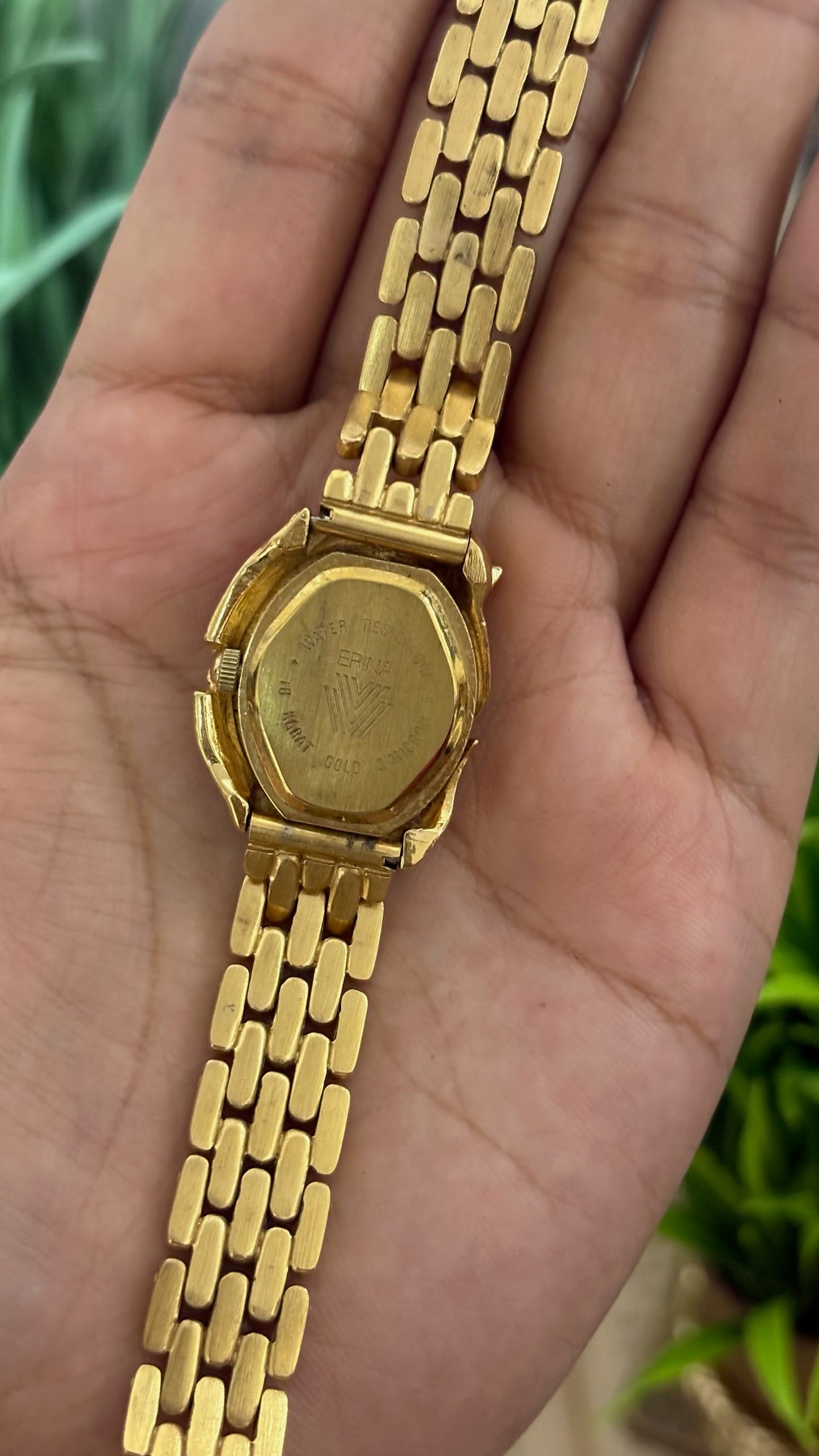 Vintage Erina Gold Tone Panther Watch with Black Dial, Crystal/Black Accents, and Linked Bracelet Quartz