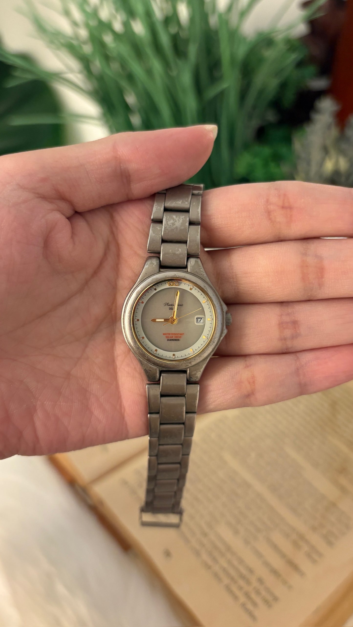 Vintage Planta Genet Diamonds Date Window Watch in Silver Tone Quartz