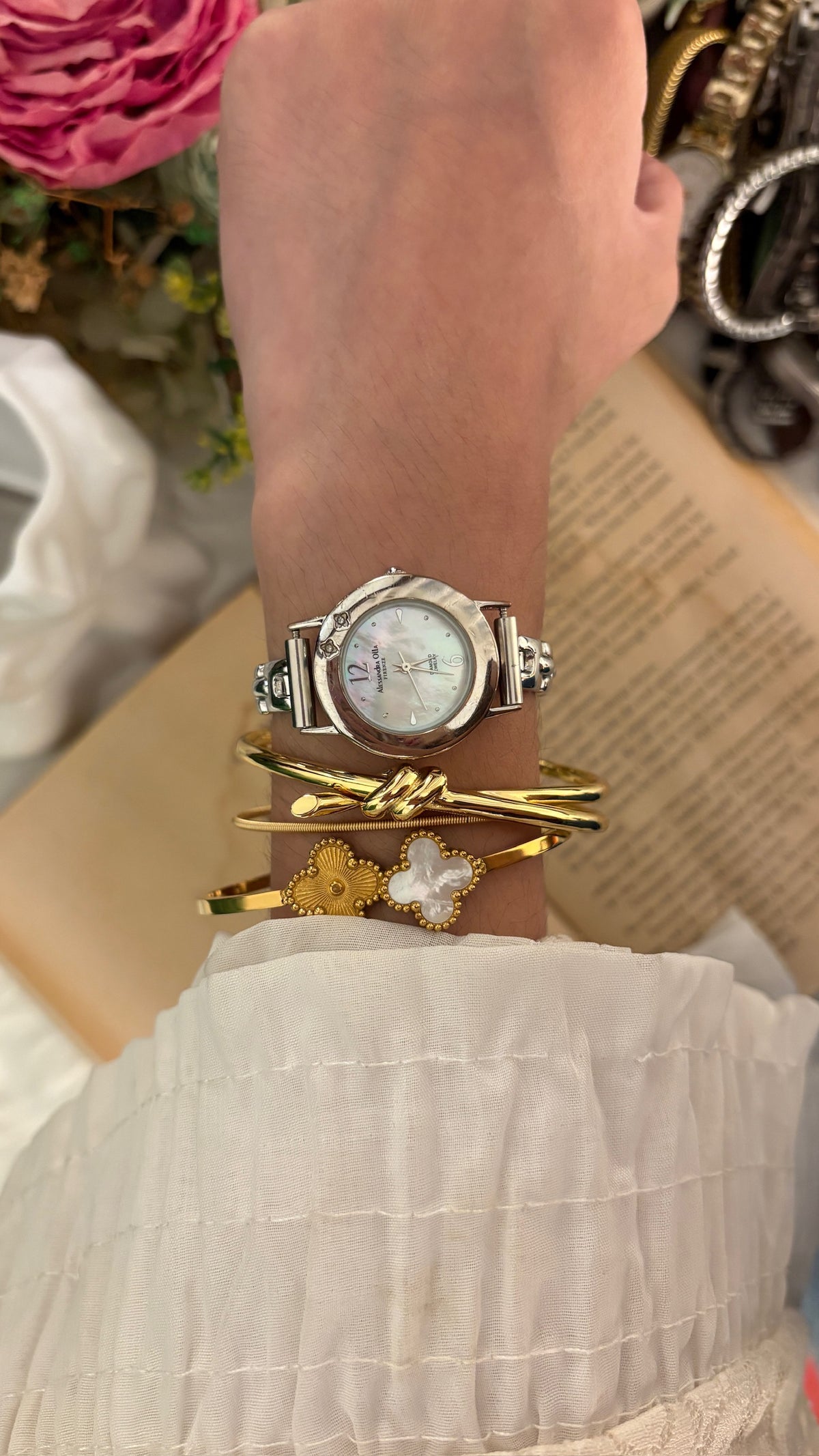 Vintage Alessandra Olla Mother of Pearl Dial Bracelet Watch in Silver Tone Quartz