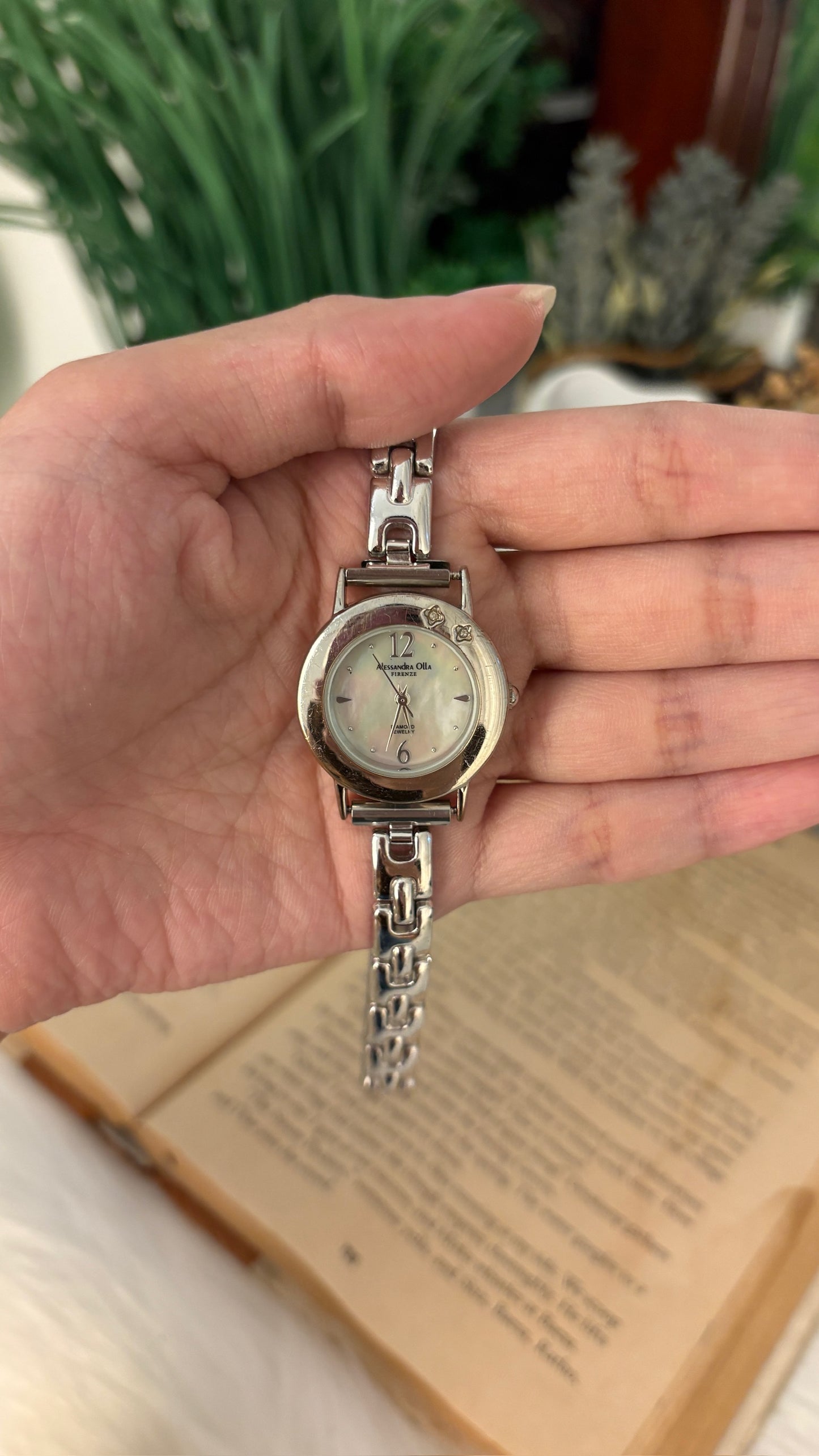 Vintage Alessandra Olla Mother of Pearl Dial Bracelet Watch in Silver Tone Quartz