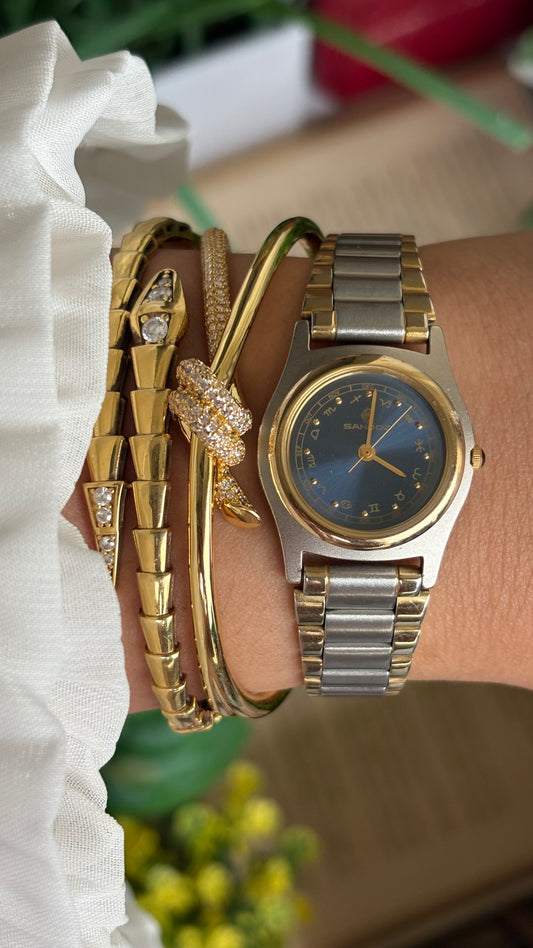 Extremely Rare Vintage Sandoz Watch in Two-Tone Zodiac Sign Calendar Blue Dial