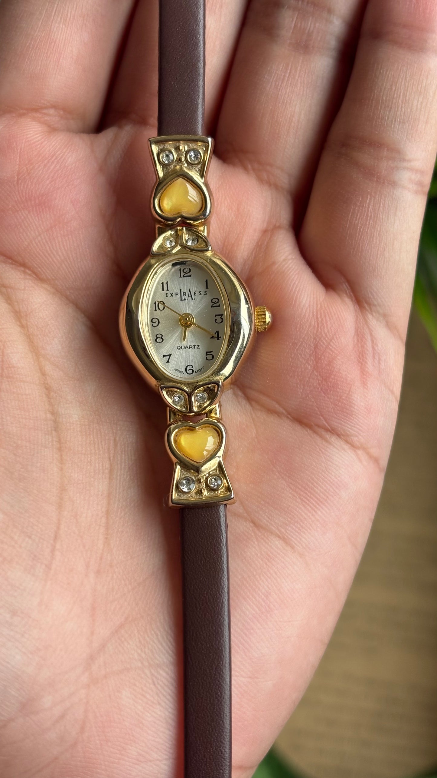Vintage LA Express Watch in Brown Leather Strap with Yellow Heart Stones