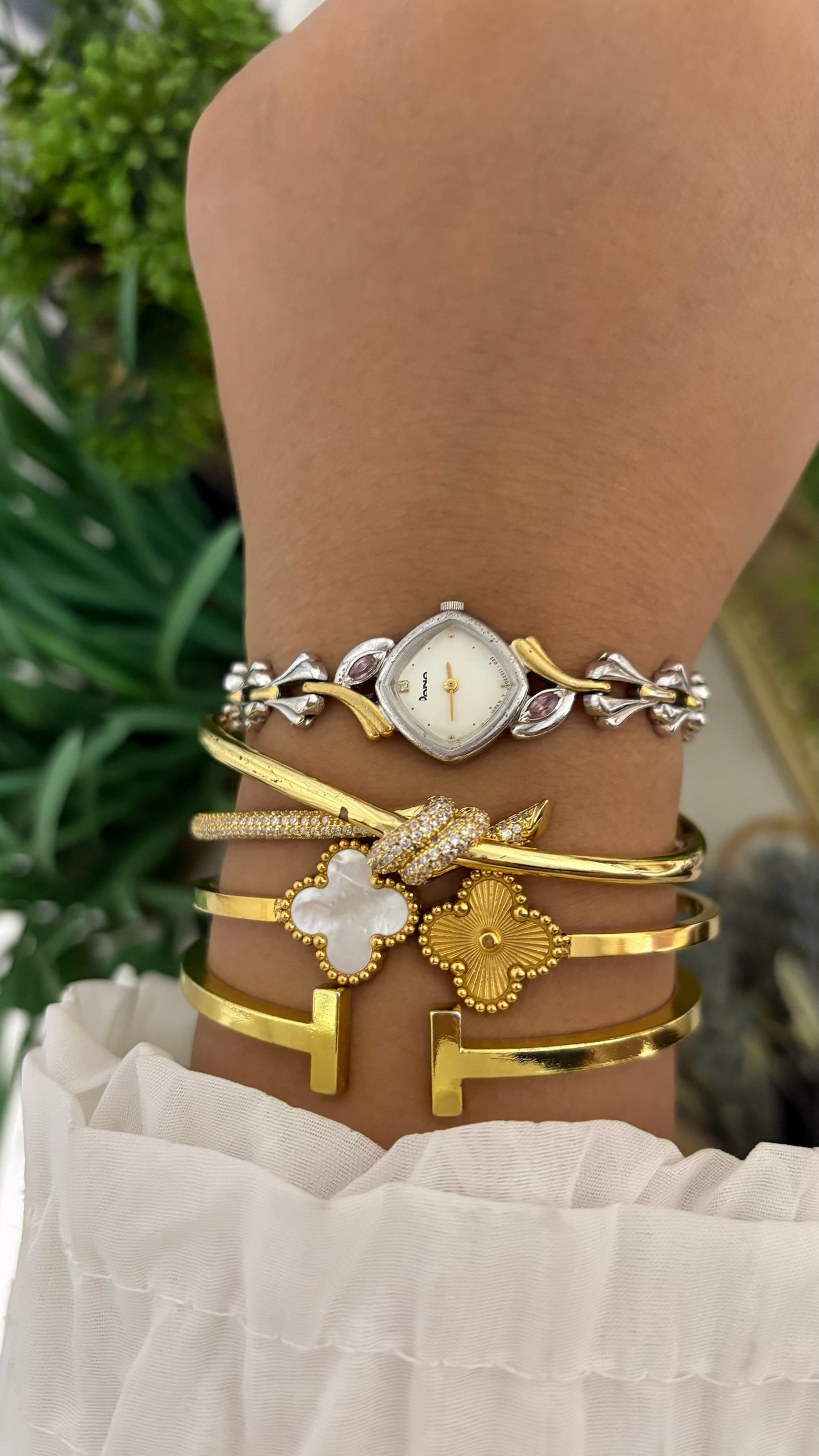 Vintage Dana Square Cushion Watch with Pink Stone Accents and Two-Tone Tulip Link Bracelet Quartz