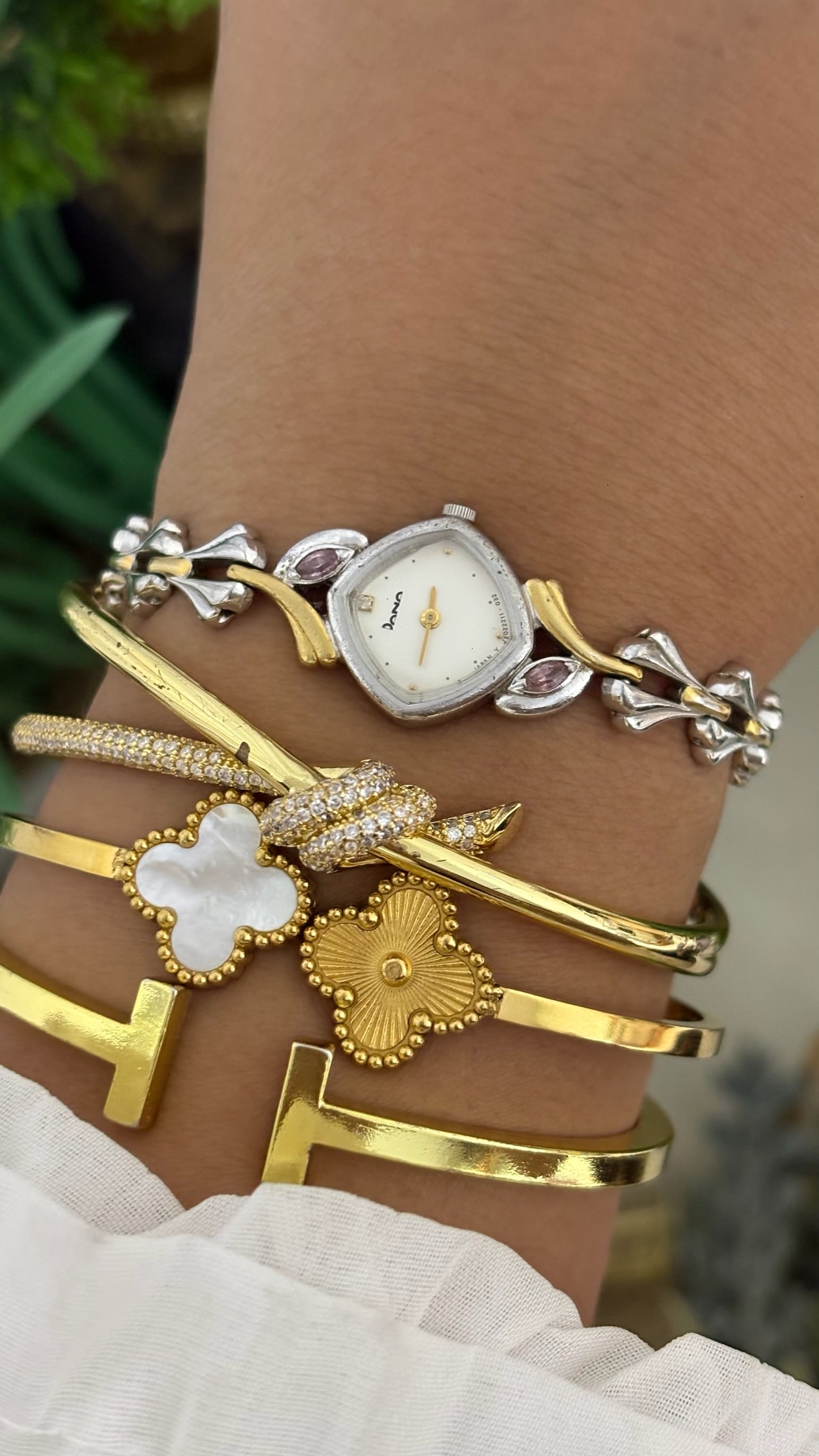 Vintage Dana Square Cushion Watch with Pink Stone Accents and Two-Tone Tulip Link Bracelet Quartz