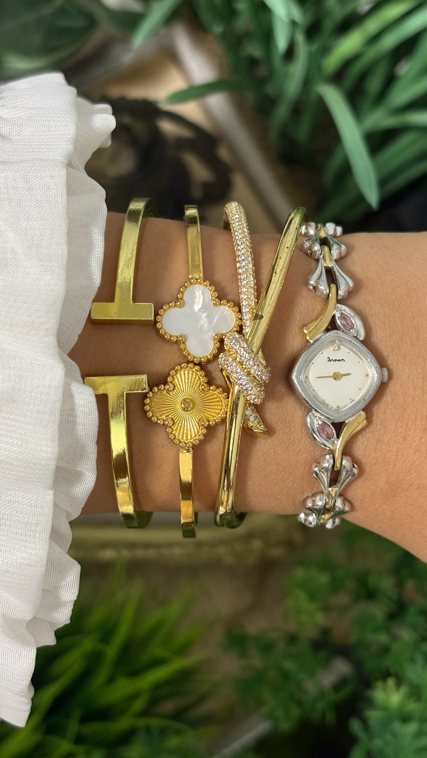 Vintage Dana Square Cushion Watch with Pink Stone Accents and Two-Tone Tulip Link Bracelet Quartz