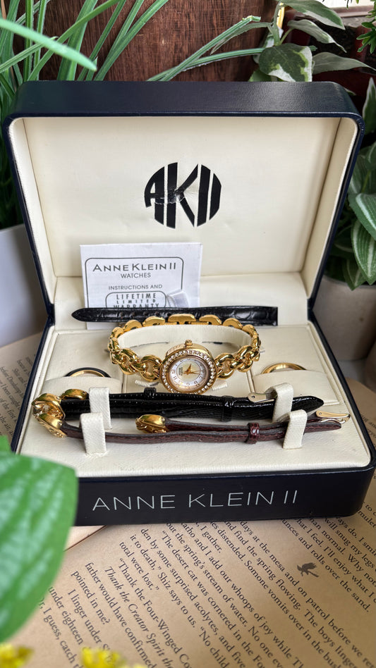 Vintage Anne Klein II Interchangeable Bezel Set Watch in Gold Tone and Two Leather Straps