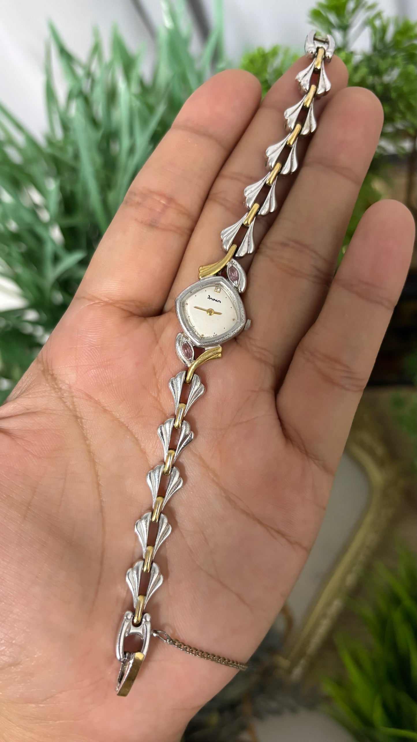 Vintage Dana Square Cushion Watch with Pink Stone Accents and Two-Tone Tulip Link Bracelet Quartz