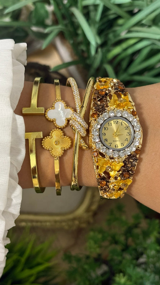 Vintage Japan Quartz Gold Tone Filigree Flower Hinged Cuff Bangle Watch with Crystal Halo Bezel and Amber Accents Quartz