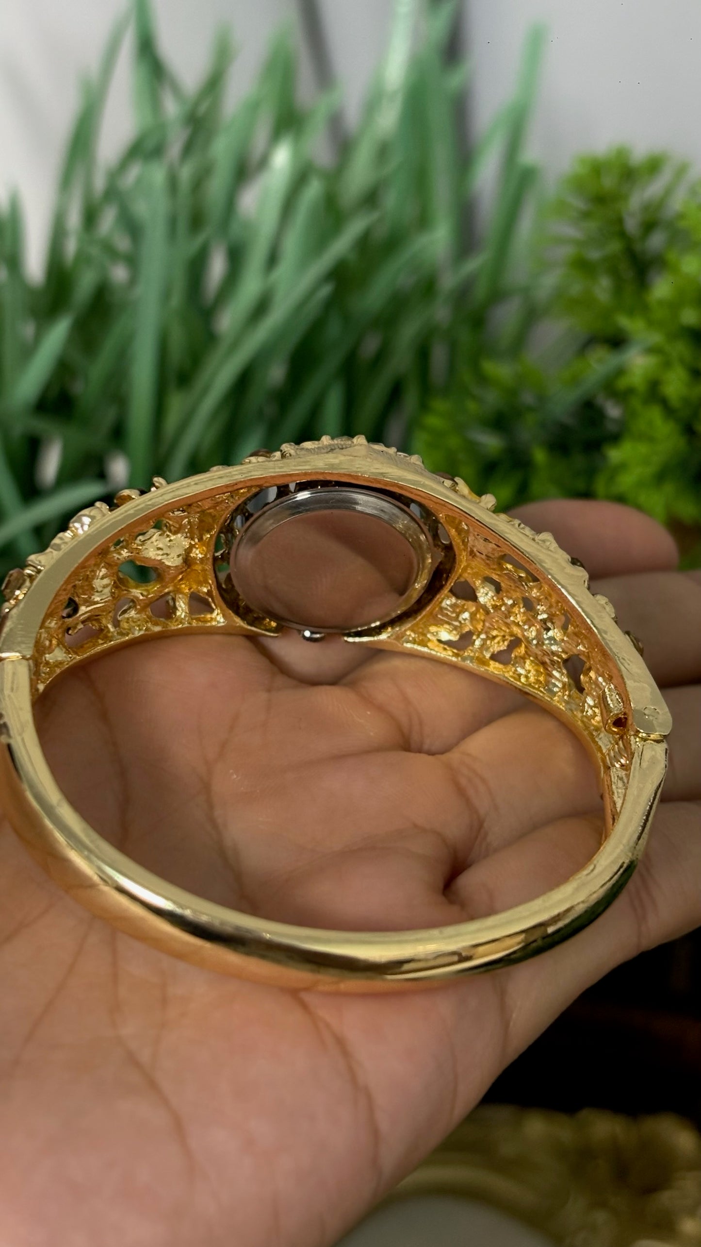 Vintage Japan Quartz Gold Tone Filigree Flower Hinged Cuff Bangle Watch with Crystal Halo Bezel and Amber Accents Quartz