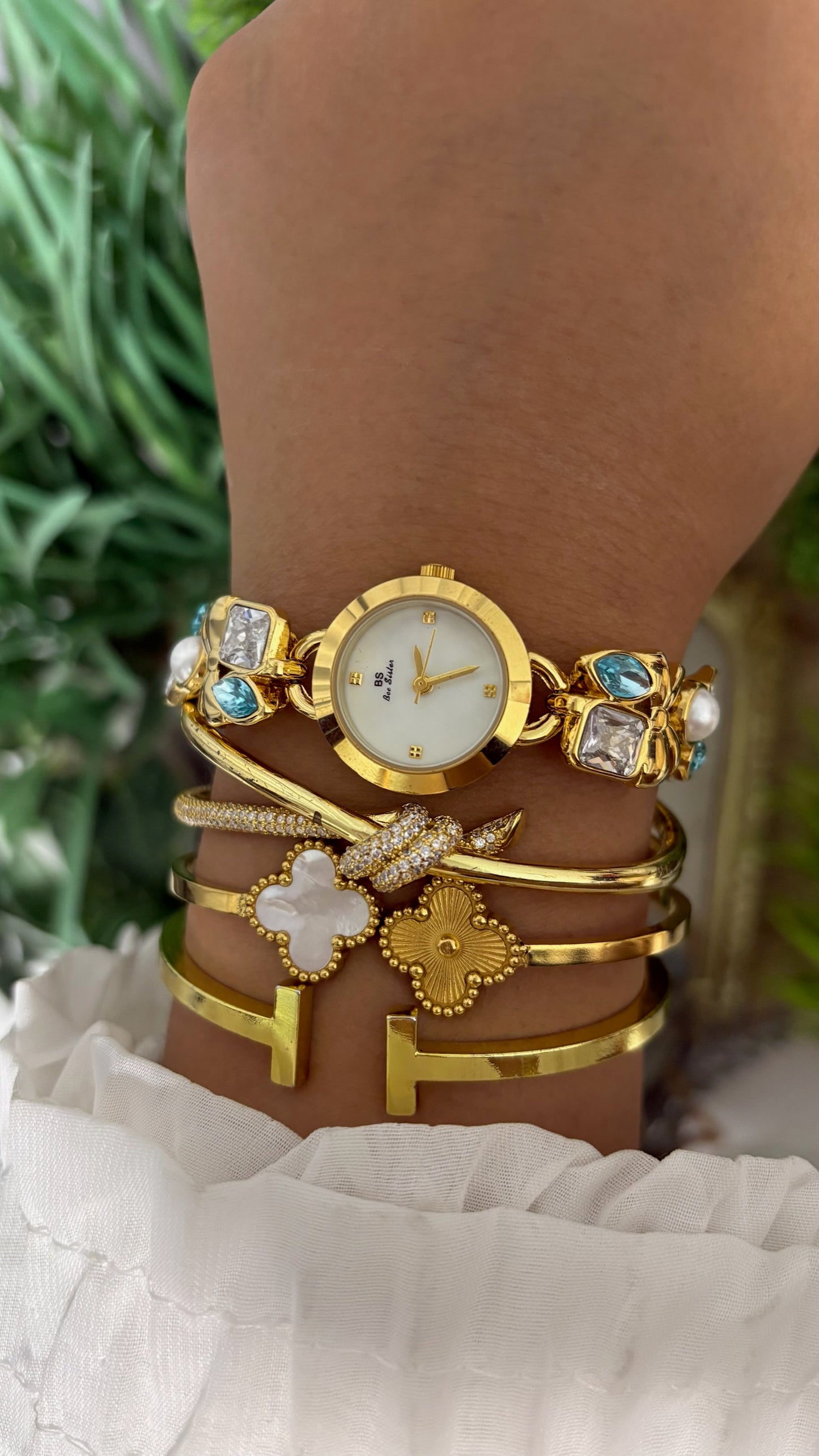 Vintage BS Bee Sister Gold Watch with Blue and Clear Stones Quartz
