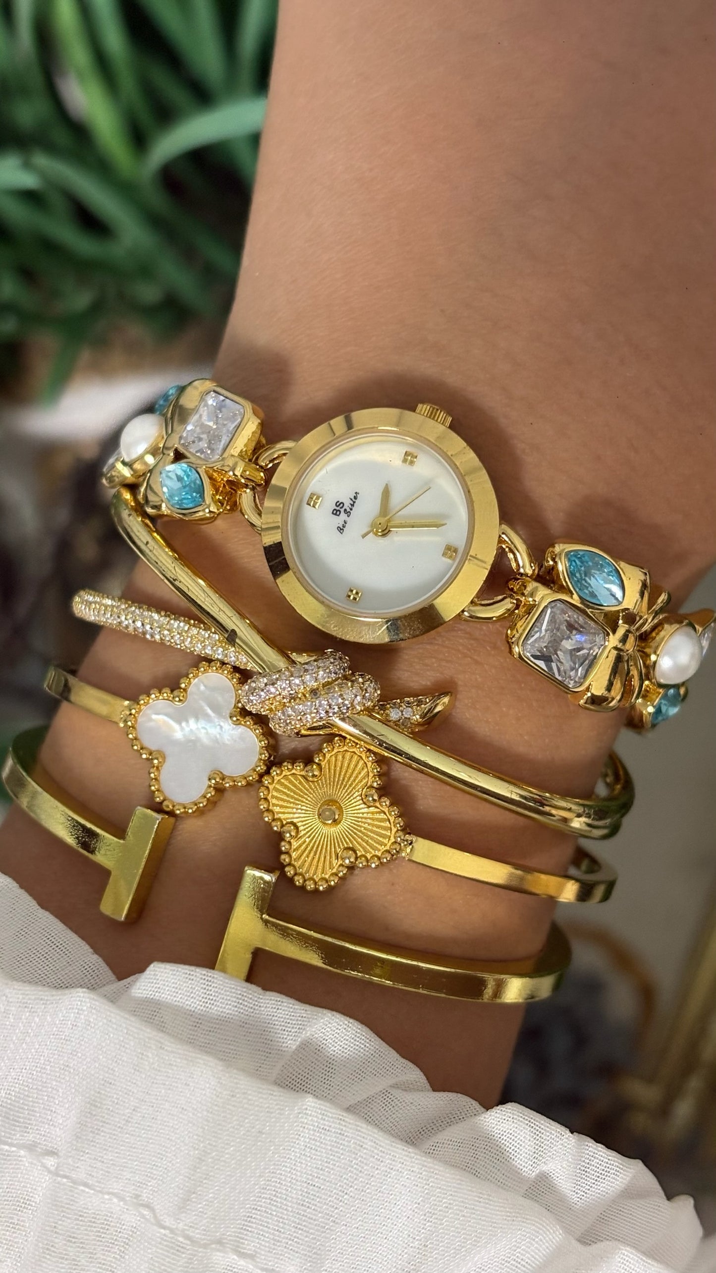 Vintage BS Bee Sister Gold Watch with Blue and Clear Stones Quartz