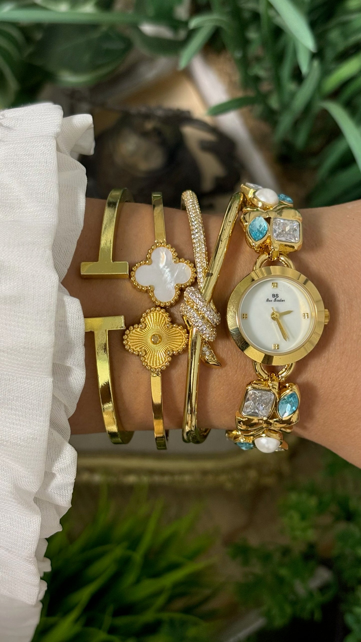 Vintage BS Bee Sister Gold Watch with Blue and Clear Stones Quartz