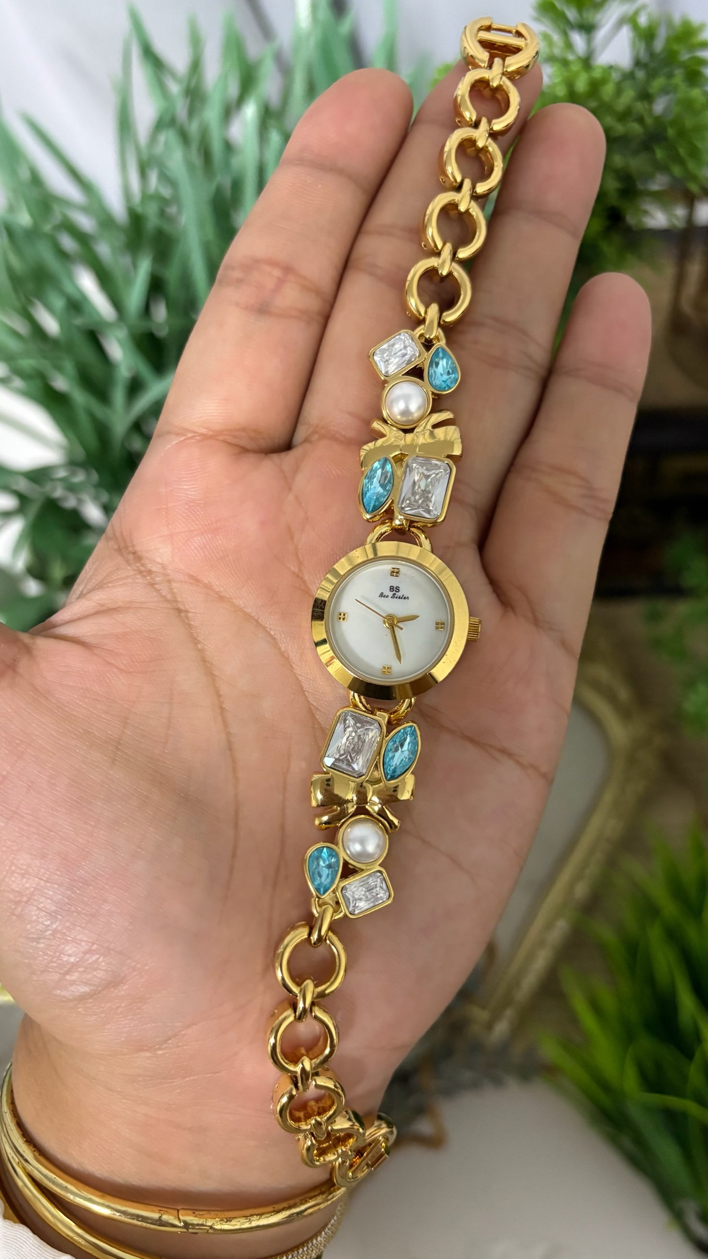Vintage BS Bee Sister Gold Watch with Blue and Clear Stones Quartz
