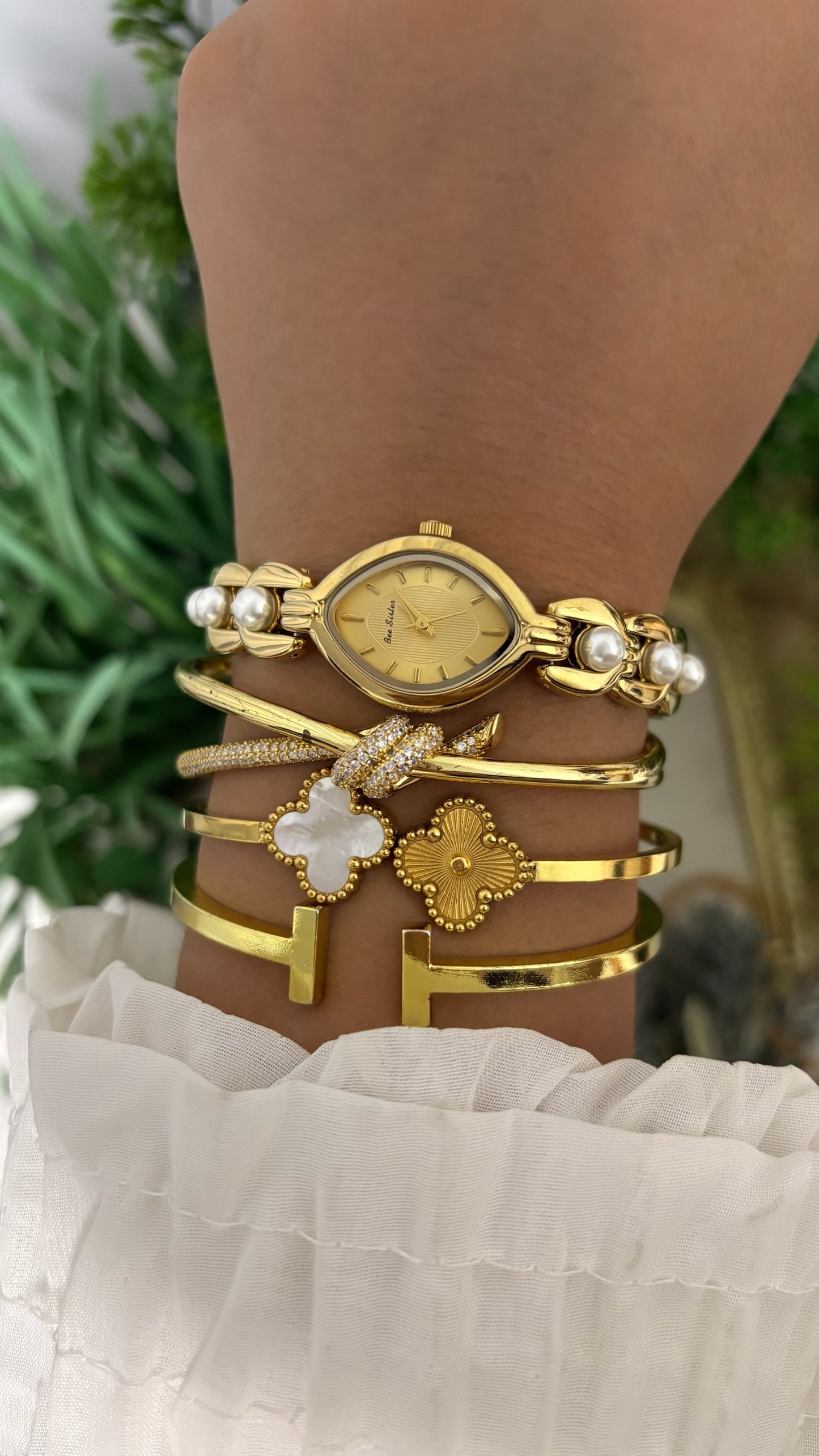 Vintage BS Bee Sister Marquise Gold Watch with Pearl Accent Link Bracelet
