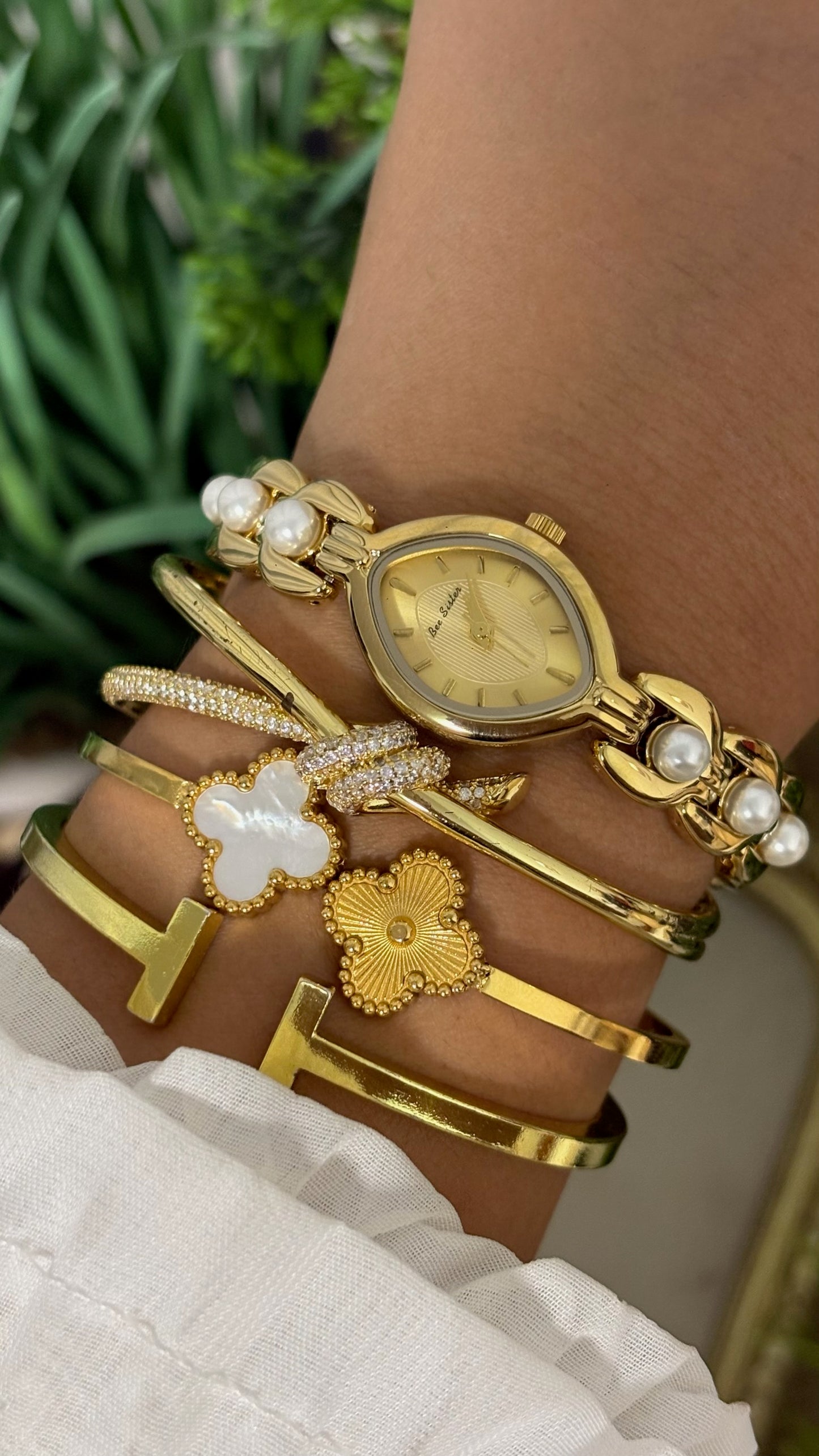 Vintage BS Bee Sister Marquise Gold Watch with Pearl Accent Link Bracelet