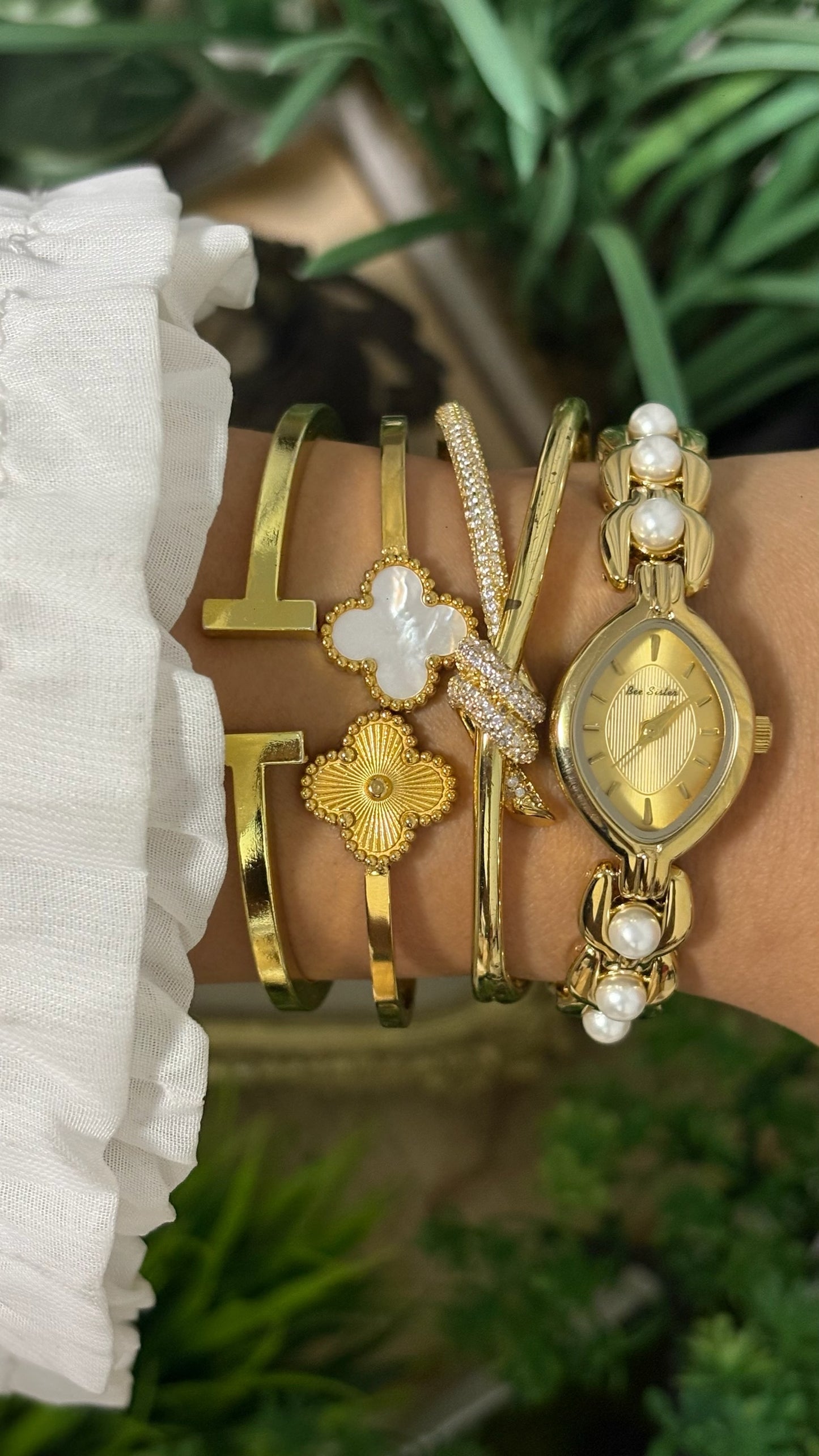 Vintage BS Bee Sister Marquise Gold Watch with Pearl Accent Link Bracelet