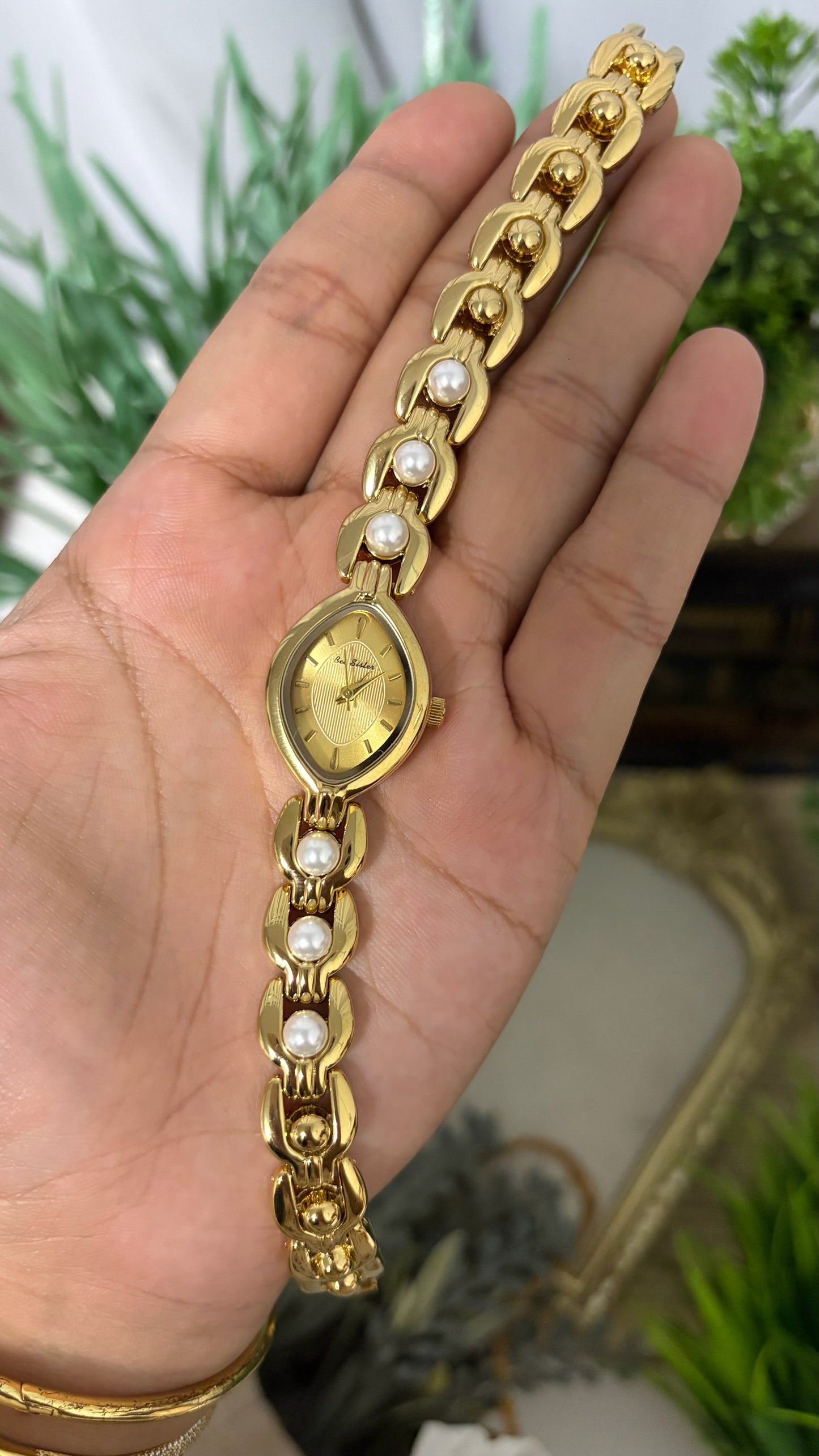 Vintage BS Bee Sister Marquise Gold Watch with Pearl Accent Link Bracelet