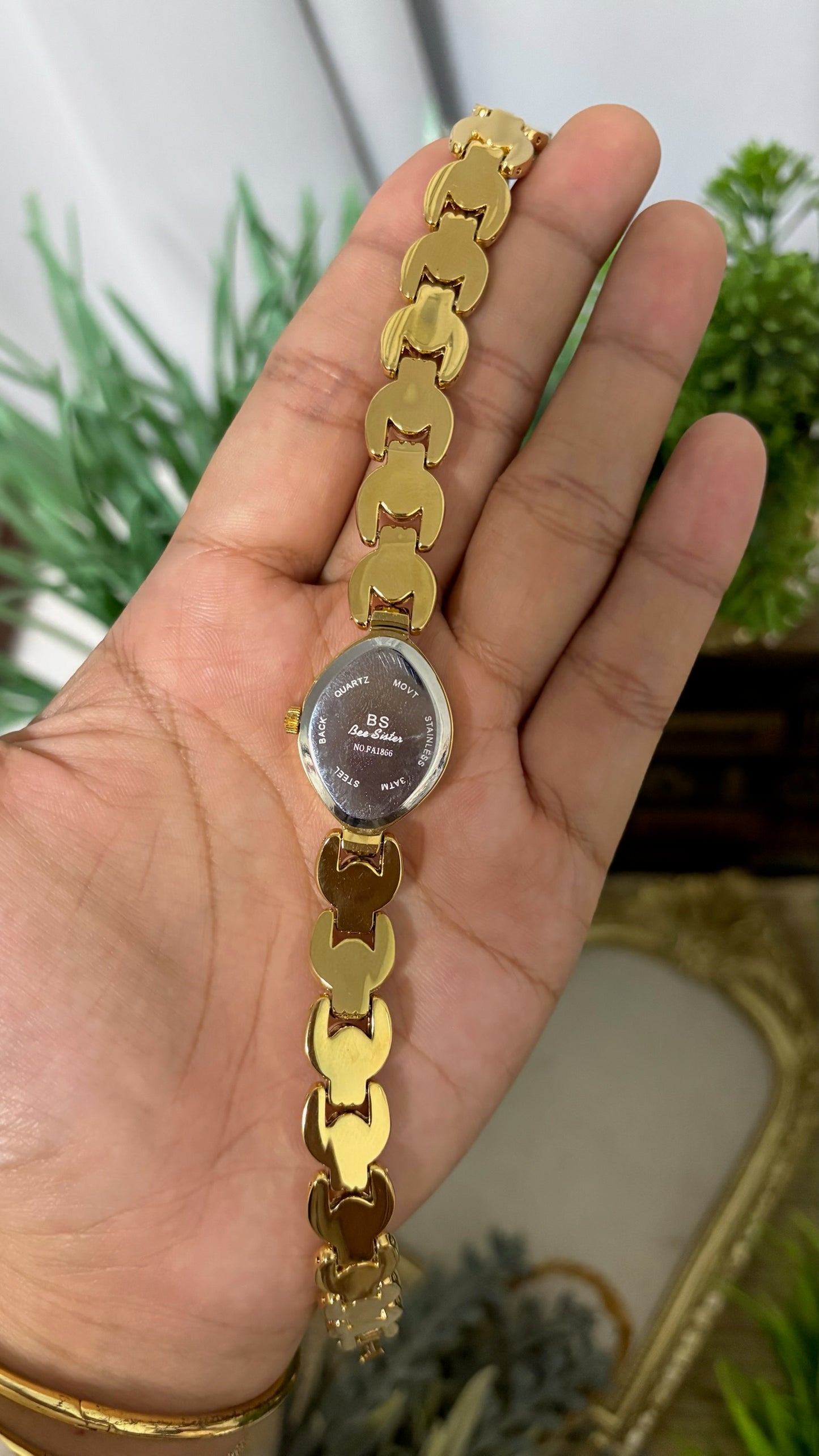 Vintage BS Bee Sister Marquise Gold Watch with Pearl Accent Link Bracelet