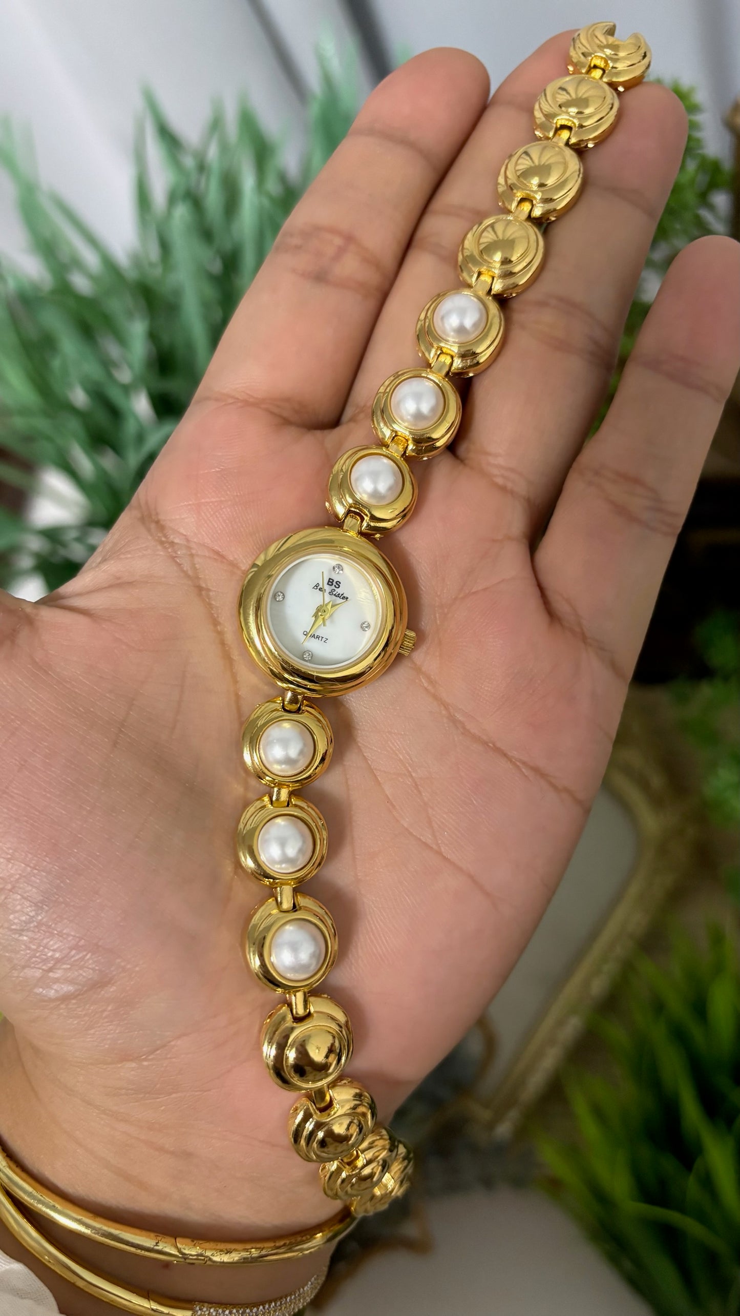Vintage BS Bee Sister Round Watch with Mother of Pearl Dial, Tiered Step Bezel, and Gold Tone Capsule Link Bracelet Inset with Faux-Pearl Cabochons Quartz