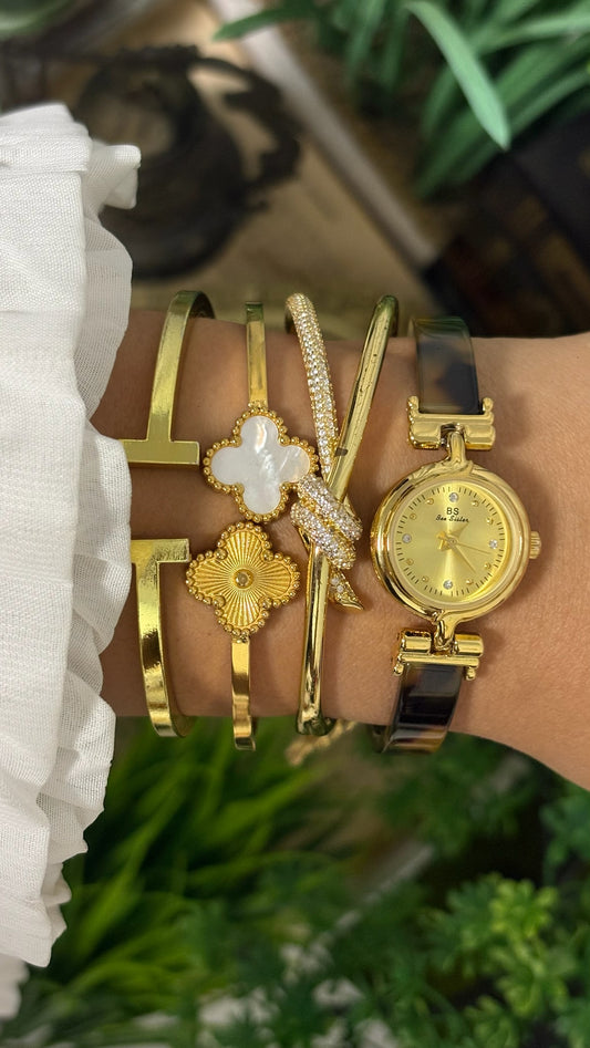 Vintage BS Bee Sister Round Watch with Gold Dial, Small Rhinestone Markers, and Tortoiseshell Resin Inlay Link Bracelet Quartz