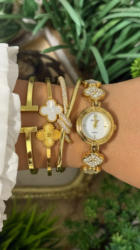 Vintage BS Bee Sister Round Watch with White Dial, Polished Gold Tone Bezel, and Quatrefoil Clover Link Bracelet Alternating with Crystal Pave and White Inlay Details Quartz