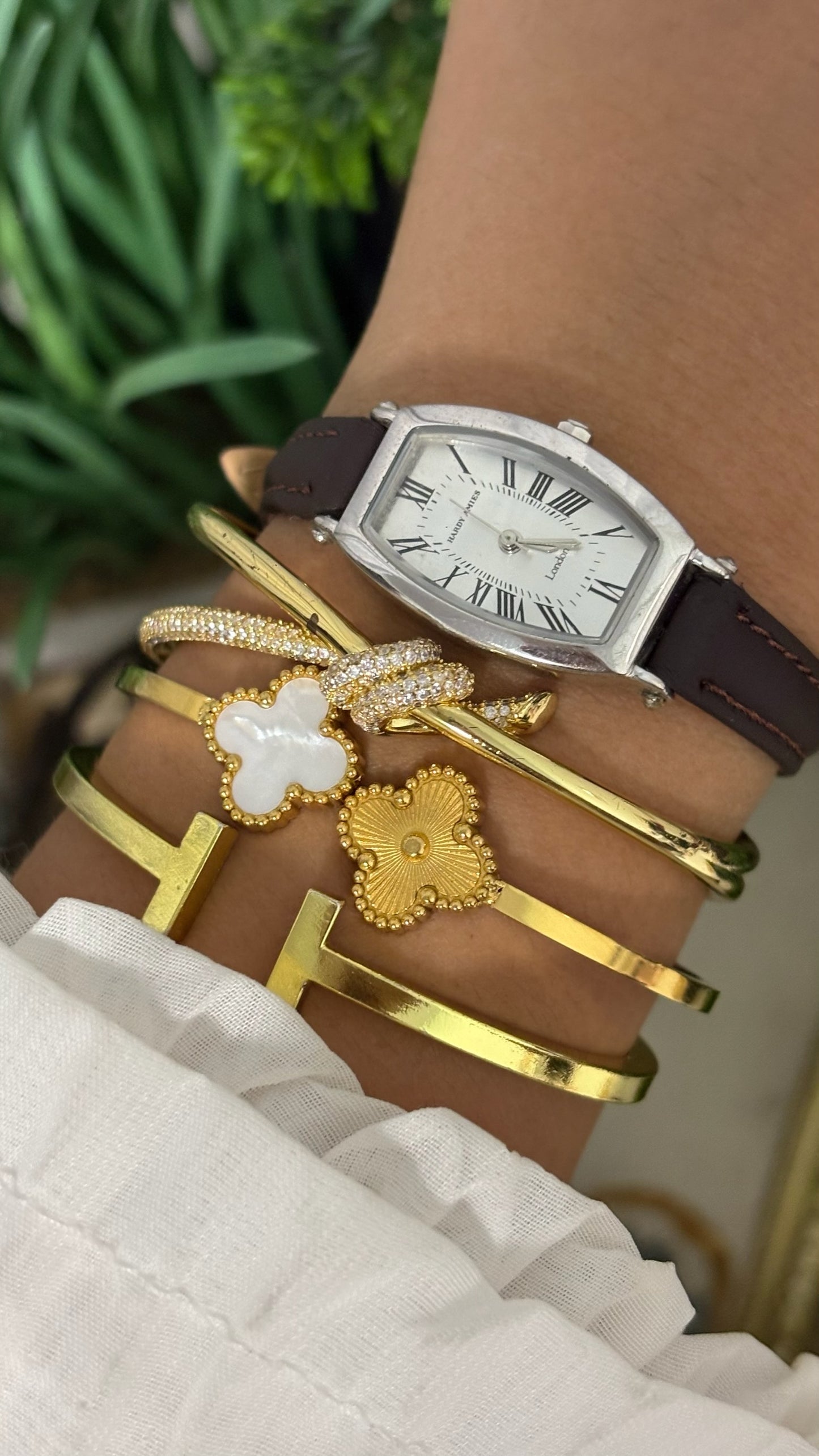 Vintage Hardy Amies London Tonneau Watch with White Dial Roman Numerals Silver Tone Case and Brown Leather Strap Quartz