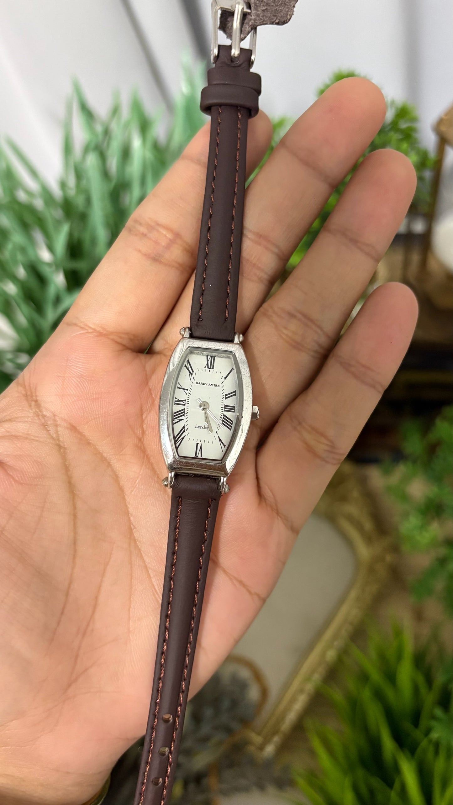 Vintage Hardy Amies London Tonneau Watch with White Dial Roman Numerals Silver Tone Case and Brown Leather Strap Quartz