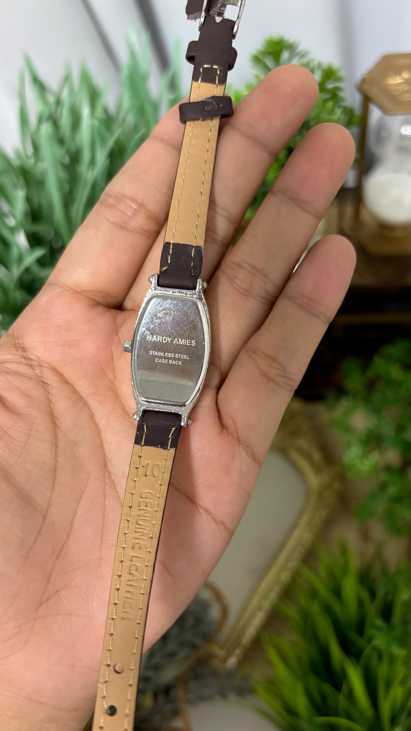 Vintage Hardy Amies London Tonneau Watch with White Dial Roman Numerals Silver Tone Case and Brown Leather Strap Quartz