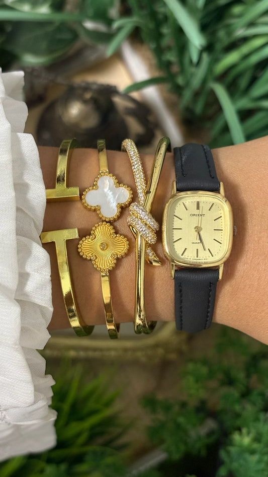Vintage Orient Square Cushion Watch with Champagne Dial Minimalist Stick Markers Polished Gold Tone Case and Textured Slim Black Leather Strap Quartz