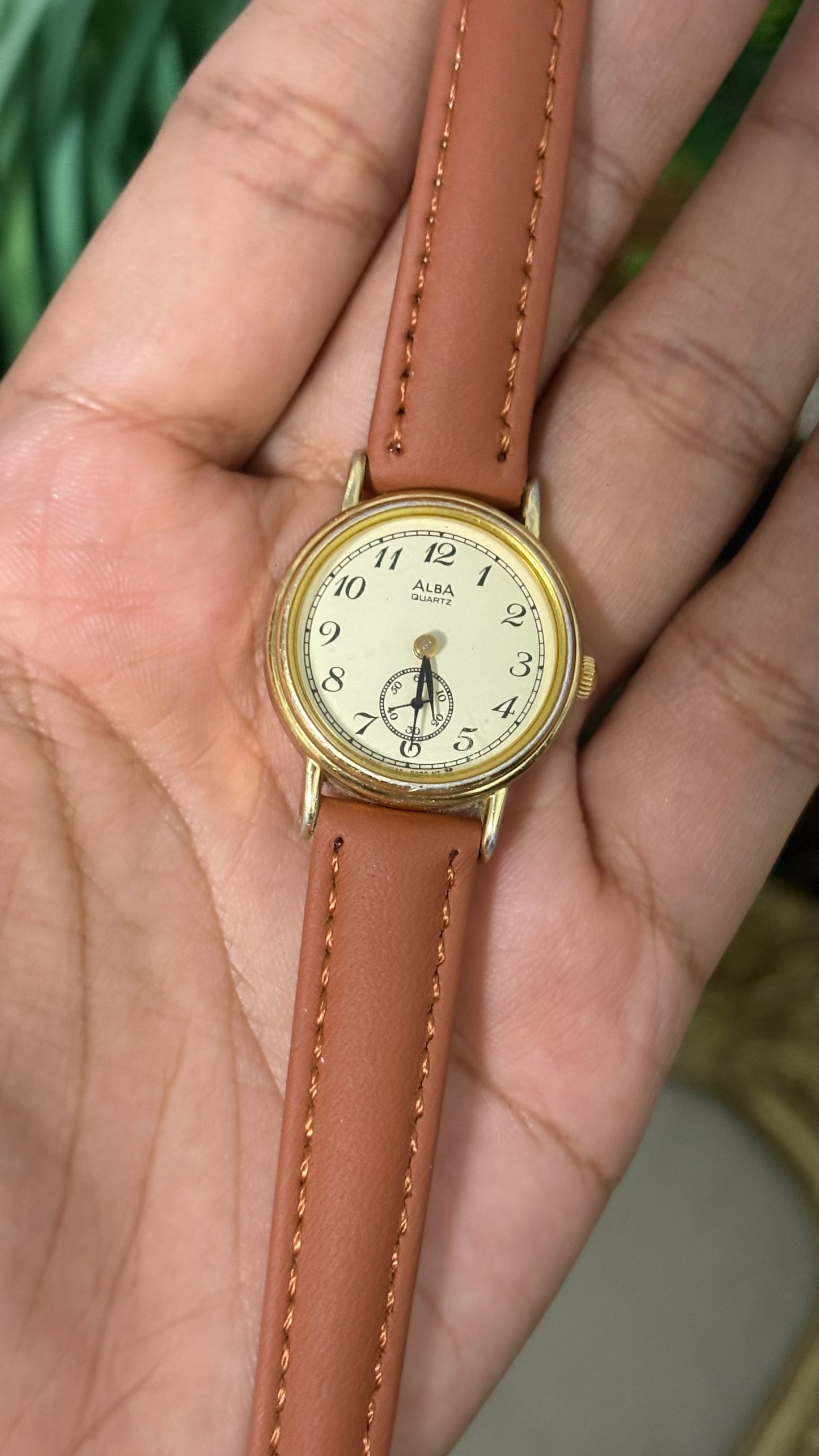 Vintage Alba Round Watch with Cream Dial Arabic Numerals Sub-Second Subdial Polished Gold Tone Case and Smooth Tan Leather Strap Quartz