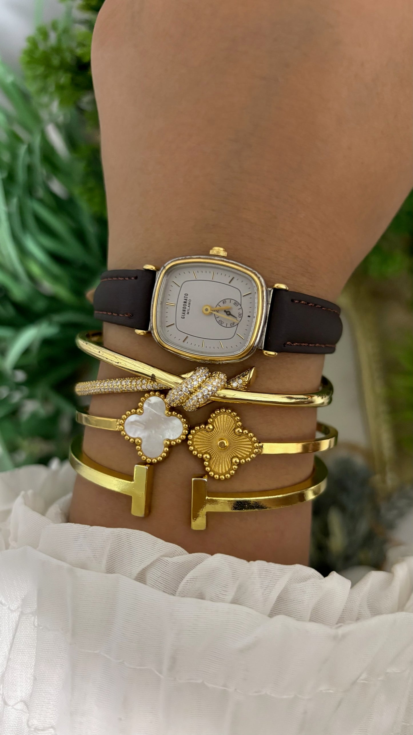 Vintage Giandonato Milano Square Cushion Watch with White Dial Two-Tone Silver and Gold Bezel Sub-Second Subdial and Dark Brown Leather Strap Quartz