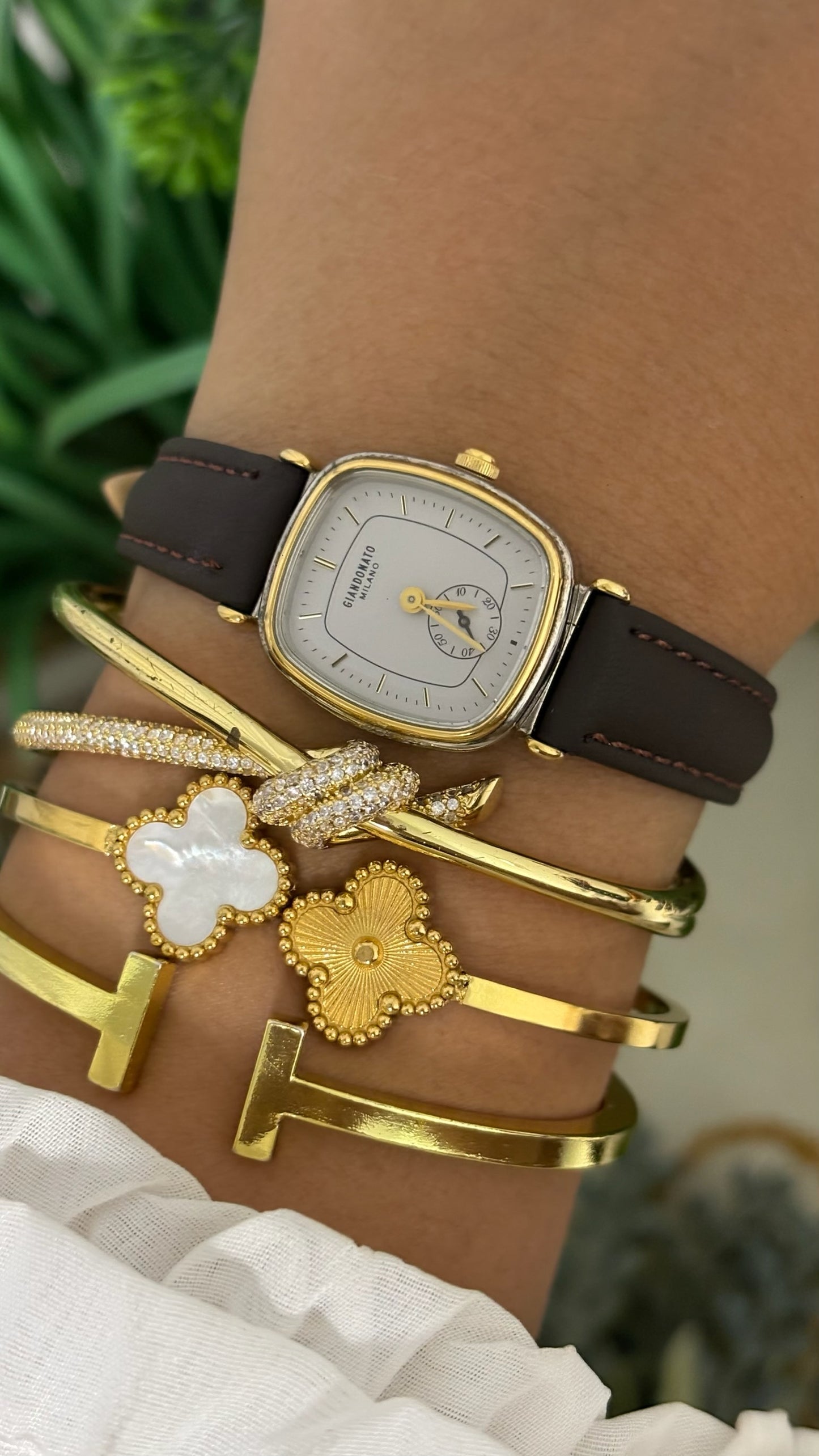 Vintage Giandonato Milano Square Cushion Watch with White Dial Two-Tone Silver and Gold Bezel Sub-Second Subdial and Dark Brown Leather Strap Quartz