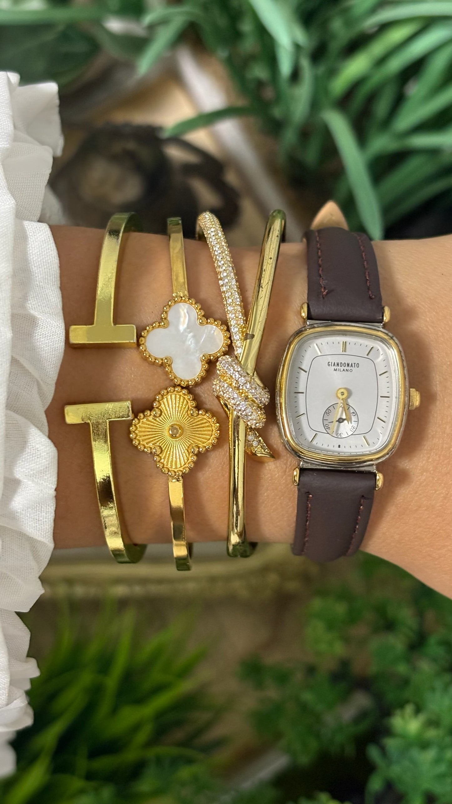 Vintage Giandonato Milano Square Cushion Watch with White Dial Two-Tone Silver and Gold Bezel Sub-Second Subdial and Dark Brown Leather Strap Quartz