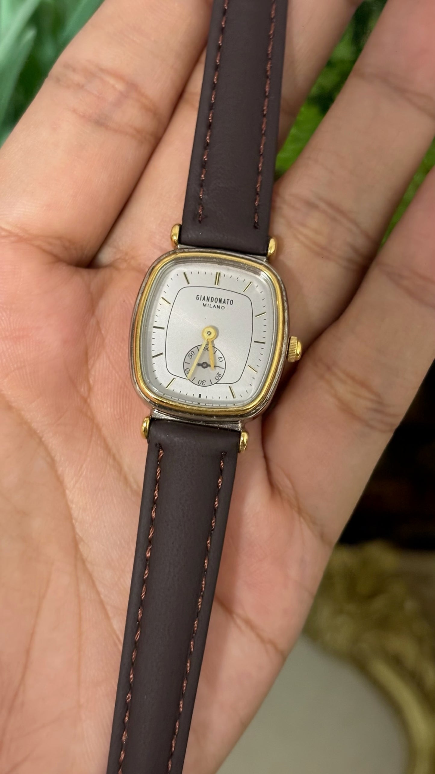 Vintage Giandonato Milano Square Cushion Watch with White Dial Two-Tone Silver and Gold Bezel Sub-Second Subdial and Dark Brown Leather Strap Quartz