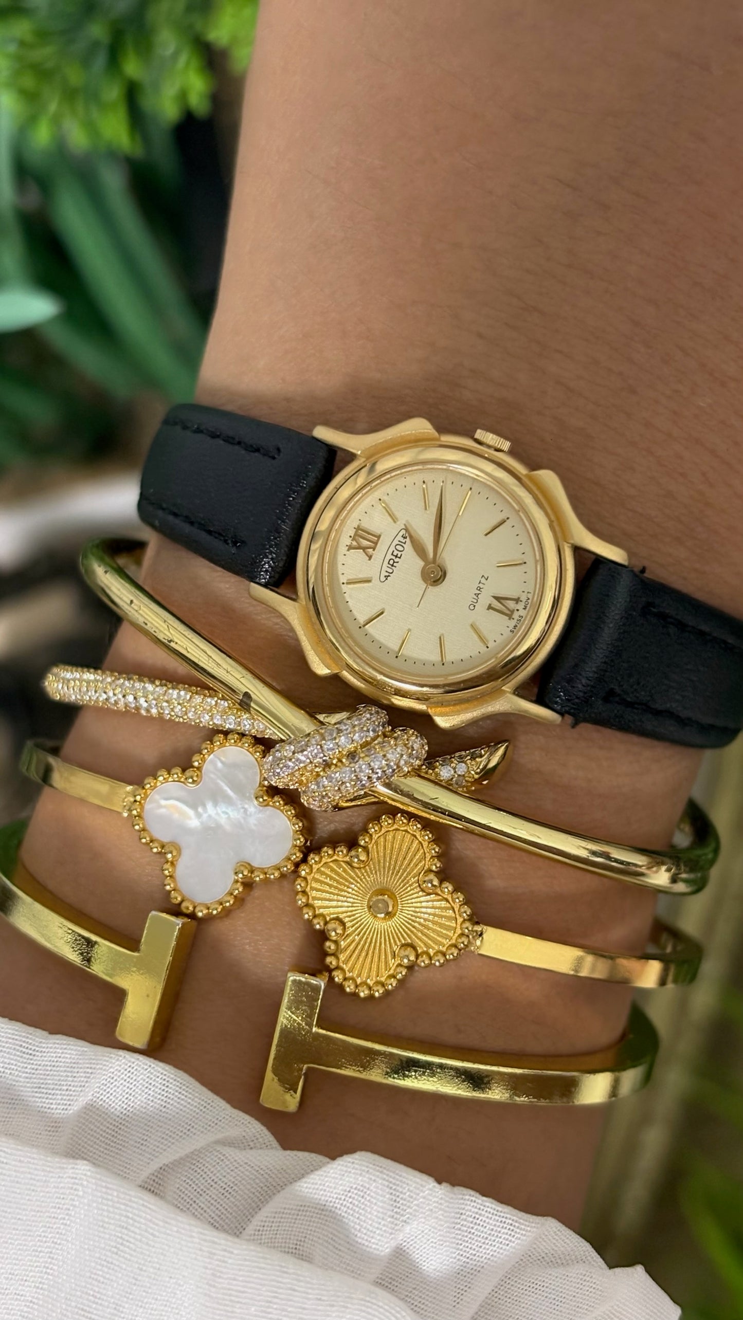 Vintage Aureole Round Watch with Champagne Dial Gold Tone Stylized Notched Case Roman Numerals at XII and VI and Smooth Slim Black Leather Strap Quartz