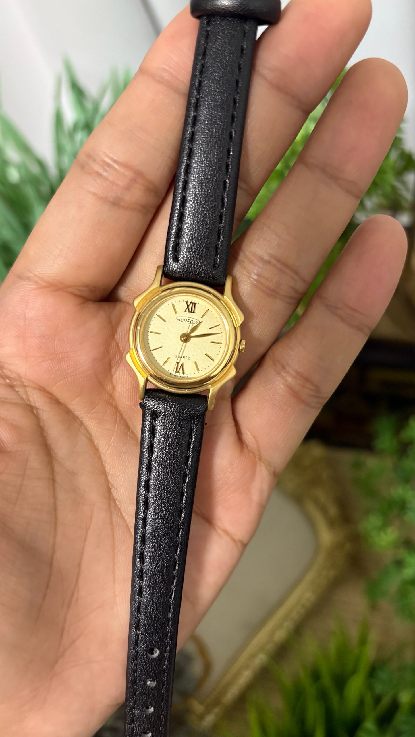Vintage Aureole Round Watch with Champagne Dial Gold Tone Stylized Notched Case Roman Numerals at XII and VI and Smooth Slim Black Leather Strap Quartz