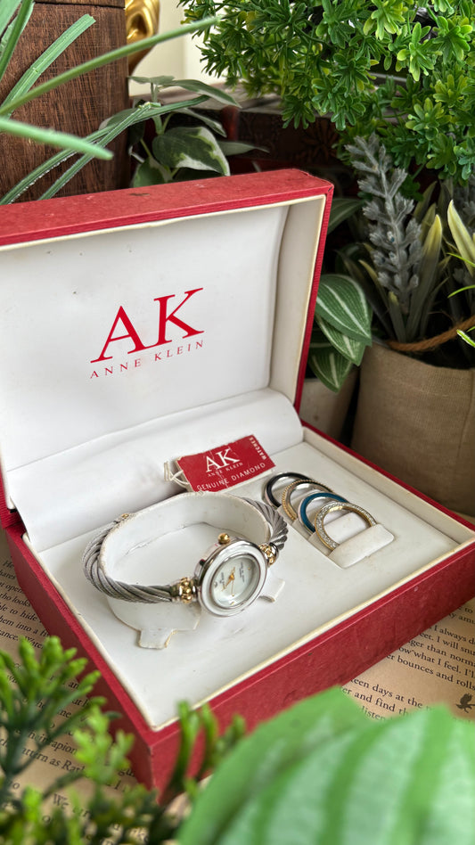 Vintage Anne Klein Interchangeable Bezel Set Watch in Silver Tone Charriol Style