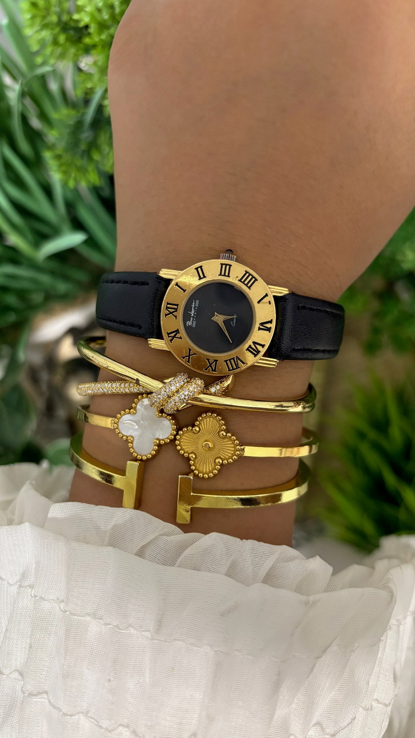 Vintage Pierre Lannier Paris Round Watch with Matte Black Dial Wide Gold Tone Roman Numeral Bezel Alpha Hands and Smooth Black Leather Strap Quartz