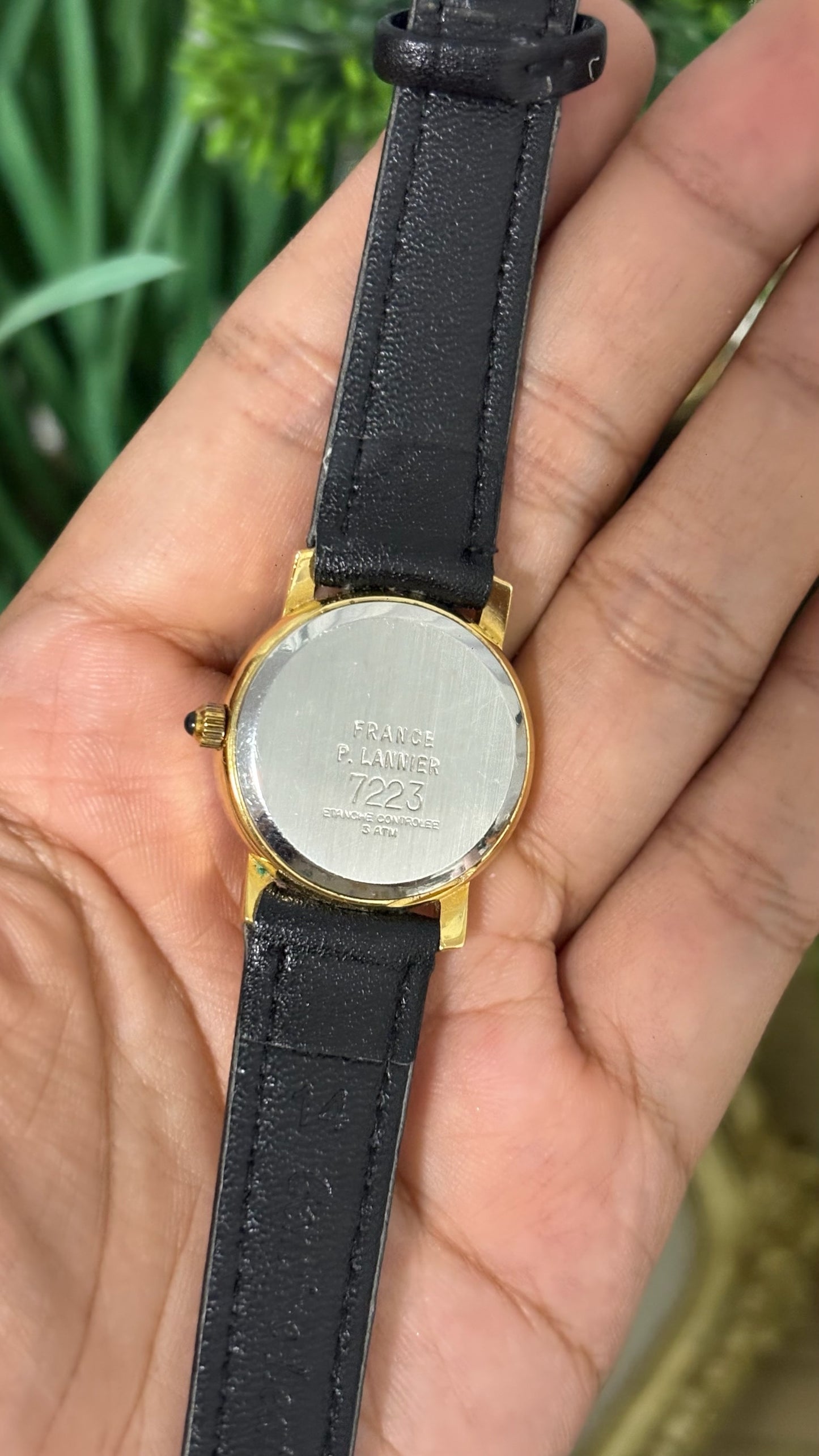 Vintage Pierre Lannier Paris Round Watch with Matte Black Dial Wide Gold Tone Roman Numeral Bezel Alpha Hands and Smooth Black Leather Strap Quartz