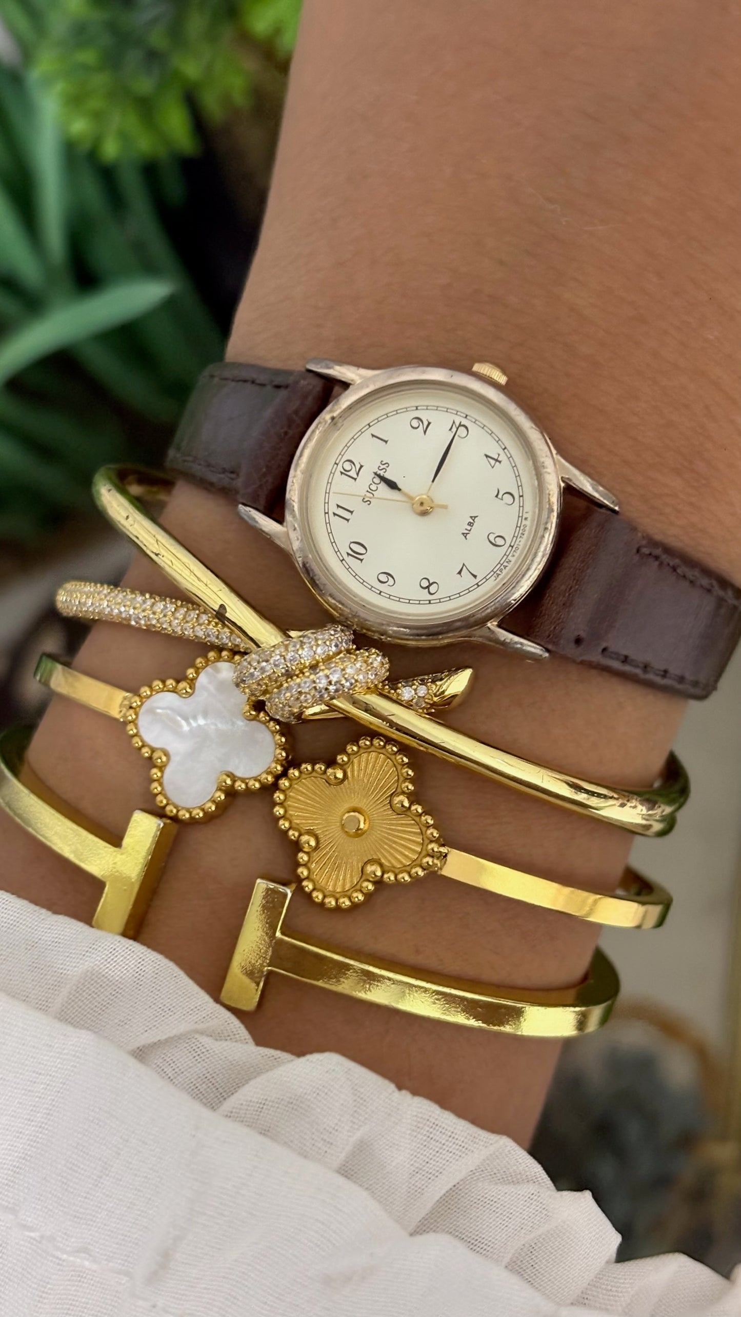 Vintage Alba Success Round Watch with Cream Dial Full Arabic Numerals Polished Silver Tone Case, and Textured Dark Brown Leather Strap Quartz