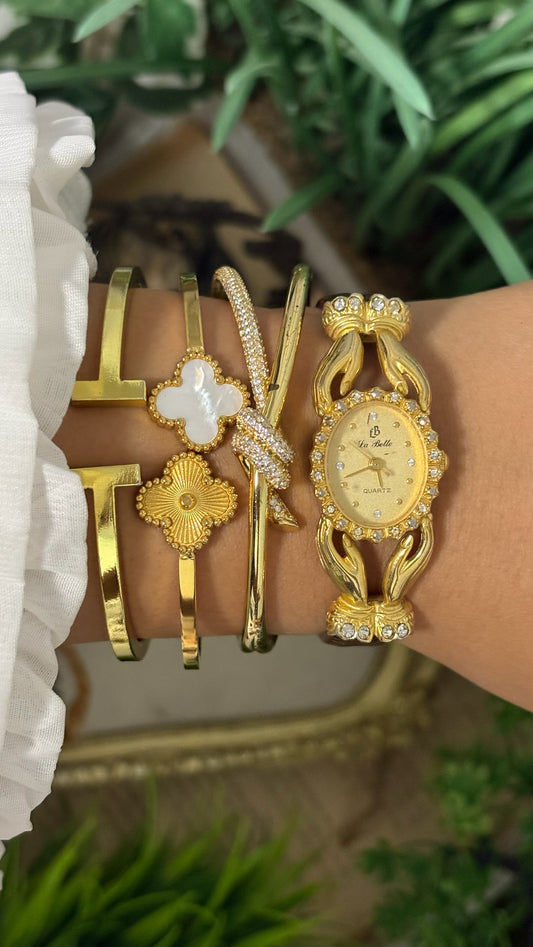 Vintage La Belle Oval Watch with Gold Tone Dial Crystal Halo Bezel Ornate Hands Shape Case Accents and Crystal Set Bow End Links Quartz
